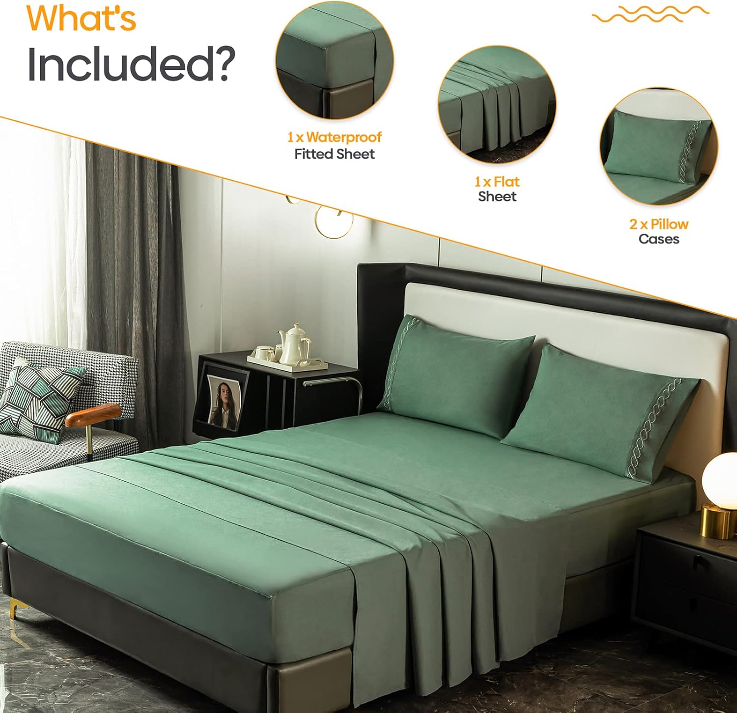 Waterproof Fitted Bed Sheet Set - 4 Piece, Comfortable Breathable Noiseless Mattress Protector, Deep Pocket Hypoallergenic Cover Up to 16” Mattress(Queen, Olive Green)