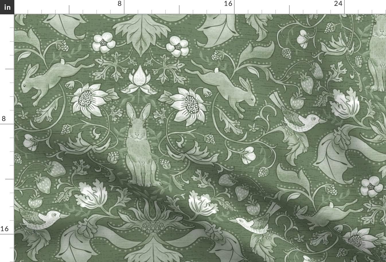 Spoonflower Fabric - Sage Woodland Damask Rabbits Flowers Birds Victorian Cottage English Printed on Minky Fabric by The Yard - Sewing Baby Blankets Quilt Backing Plush