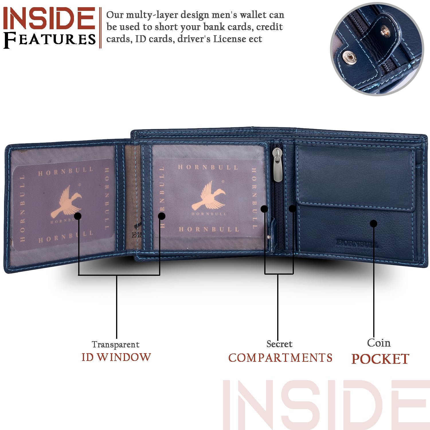 HORNBULL Navy Mens Leather Wallet, Keyring & Pen Combo Gift Set for Men | RFID Blocked, Gift Set for Men - Image 6 thumbnail