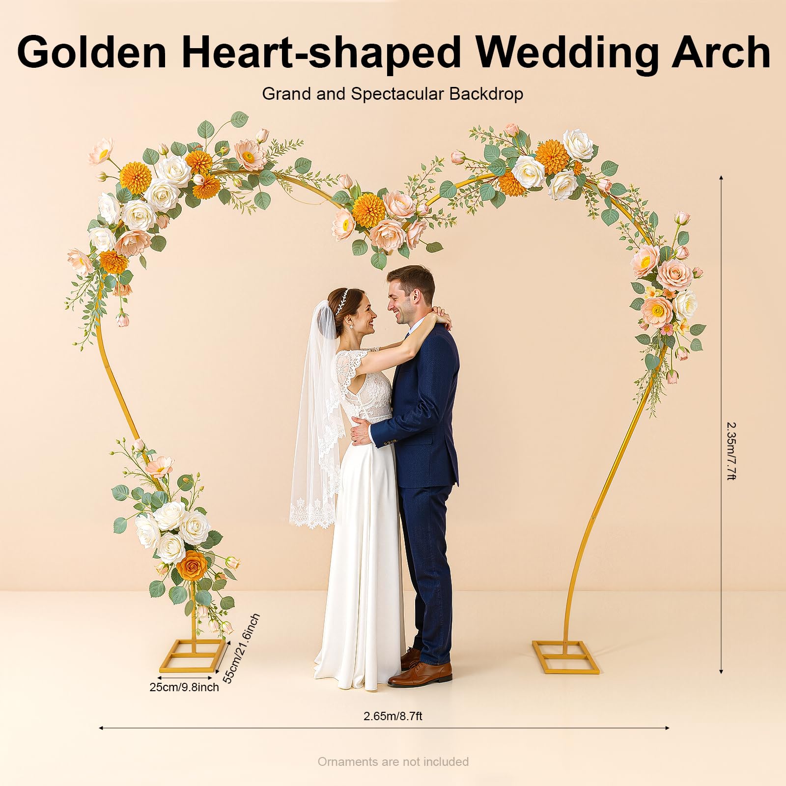 Fiocco per palloncini a forma di cuore, in metallo, con cuore, per matrimonio, 2,35 m, grandi decorazioni per foto, battesimo, festa di compleanno (oro)