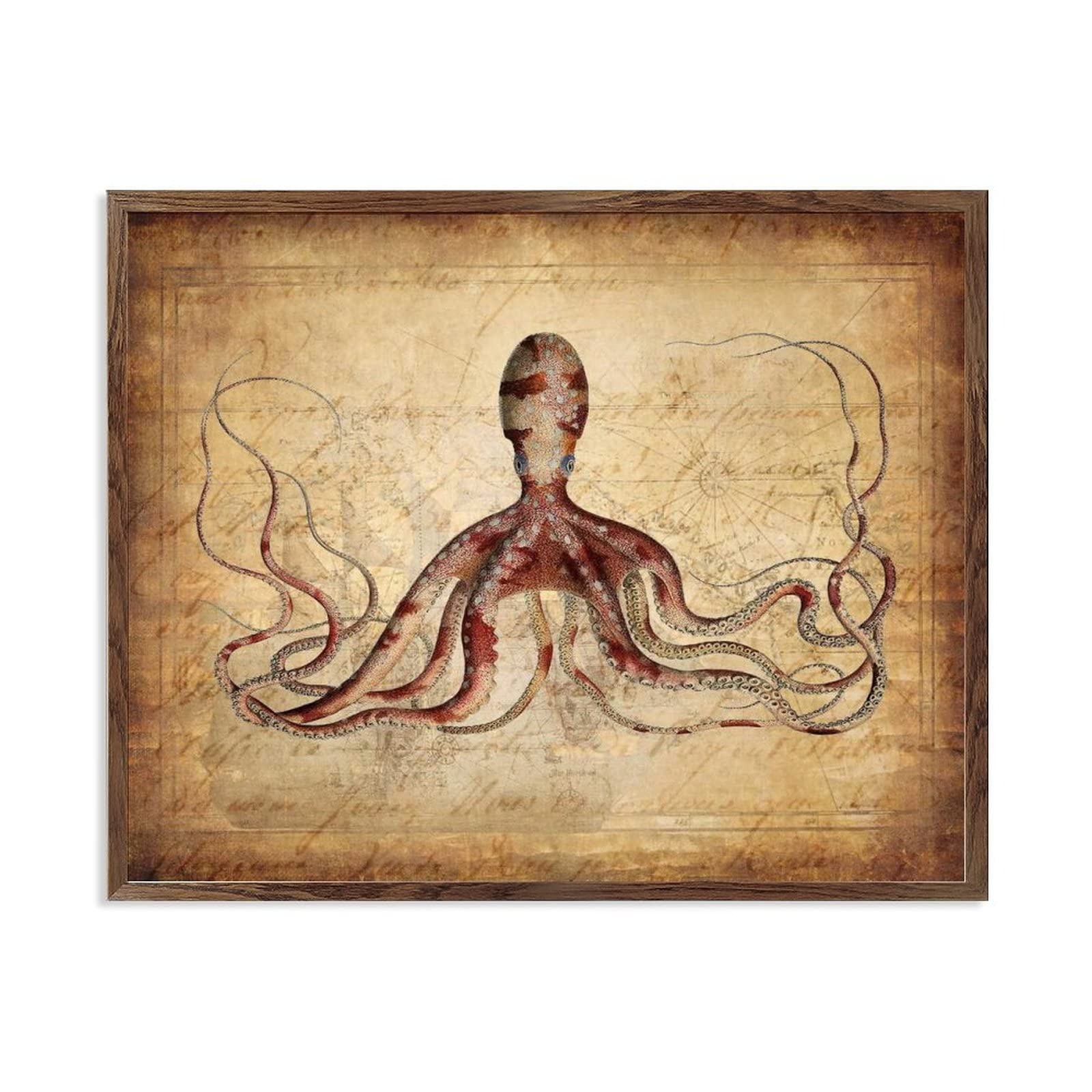 Tableau poulpe en bois effet fenêtre vintage marine 40x50cm