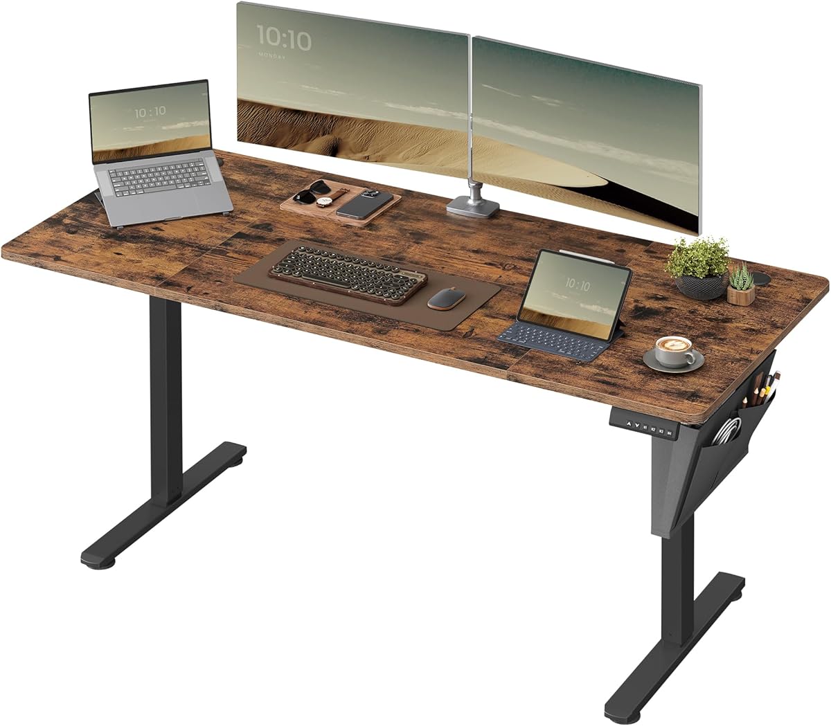 SONGMICS Bureau Électrique Réglable en Hauteur, 160 x 70 cm, Table Assis-Debout, Fonction Mémoire 4 Hauteurs, pour Bureau, Télétravail, Marron Rustique et Noir d'encre LSD136K01