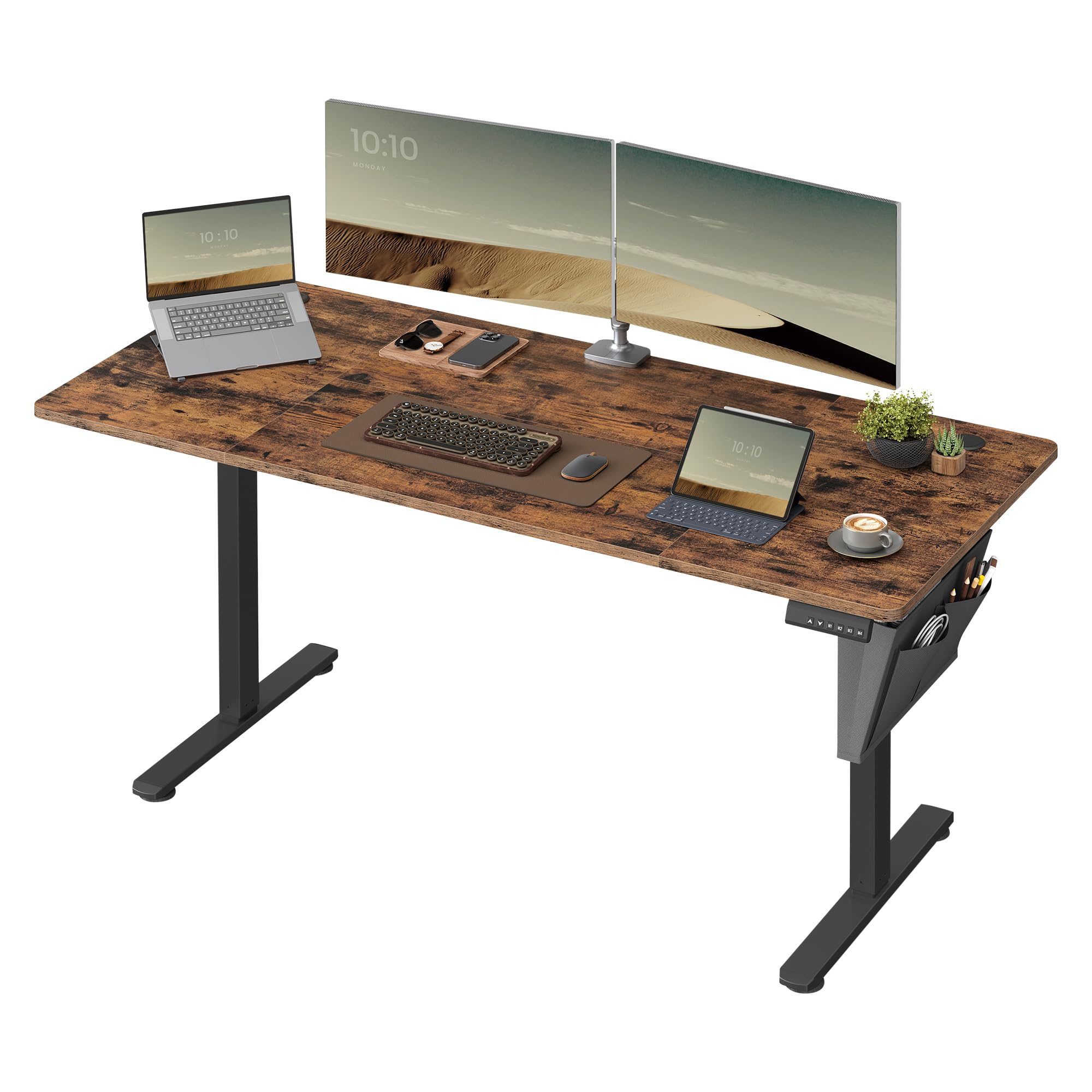 SONGMICS Escritorio Eléctrico, Regulable en Altura, 70 x 160 x (72-120) cm, 4 Alturas de Memoria, Bolsillo de Almacenamiento, para Oficina en Casa, Estudio, Marrón Rústico y Negro Tinta LSD136K01