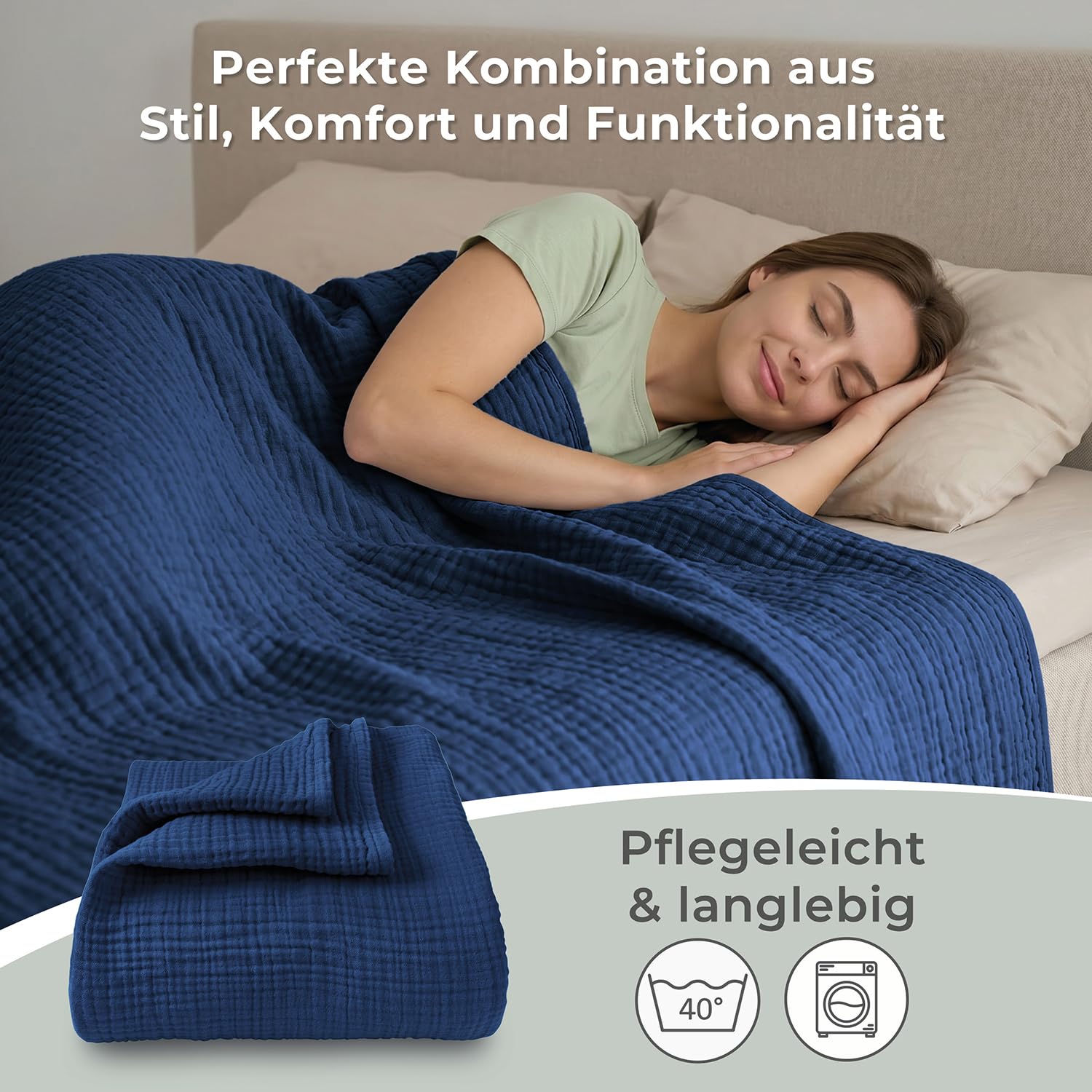 LAYNENBURG Premium Musselin Tagesdecke 180x220 cm - 100% Baumwolle - extraweiche Baumwolldecke als Kuscheldecke, Bett-Überwurf, Sofa-Überwurf, Couch-Überwurf - warme Sofa-Decke (Blau)
