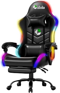 Czlolo Gaming Chair, 2026 Upgraded RGB LED Lights Computer Chair with Footrest, Lumbar Support Massager Gamer Chair, High Back, 90-135 Reclining, Linkage Armrests, Black