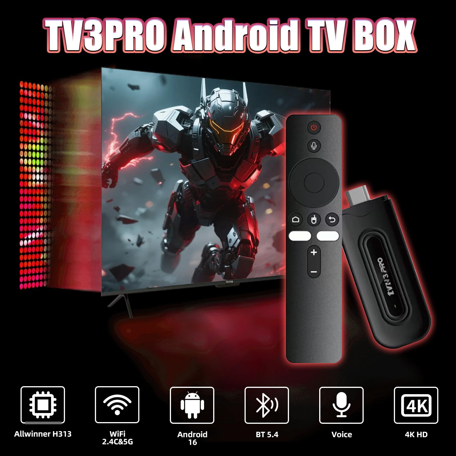 Android 16.0 TV3 Pro Android TV Stick TV Sticks con Mando a Distancia por Voz,2GB de RAM + 16GB de ROM,2,4G+5G WiFi & Bluetooth 5.4,H313 64 bits Quad Core Arm Cor-Tex A53 Smart TV Stick