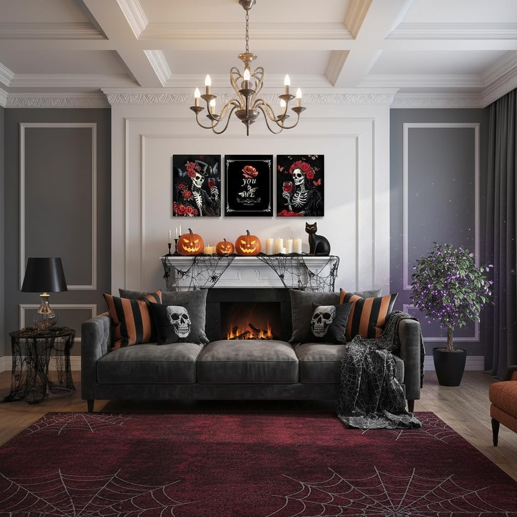 Castle Fairy Couple Skeleton Canvas Wall Decor Home Artwork,Romantic Gothic Skull Canvas Wall Art Set of 3,Rose Red Wine Wall Hangings for Kids Teens Bedroom image 5