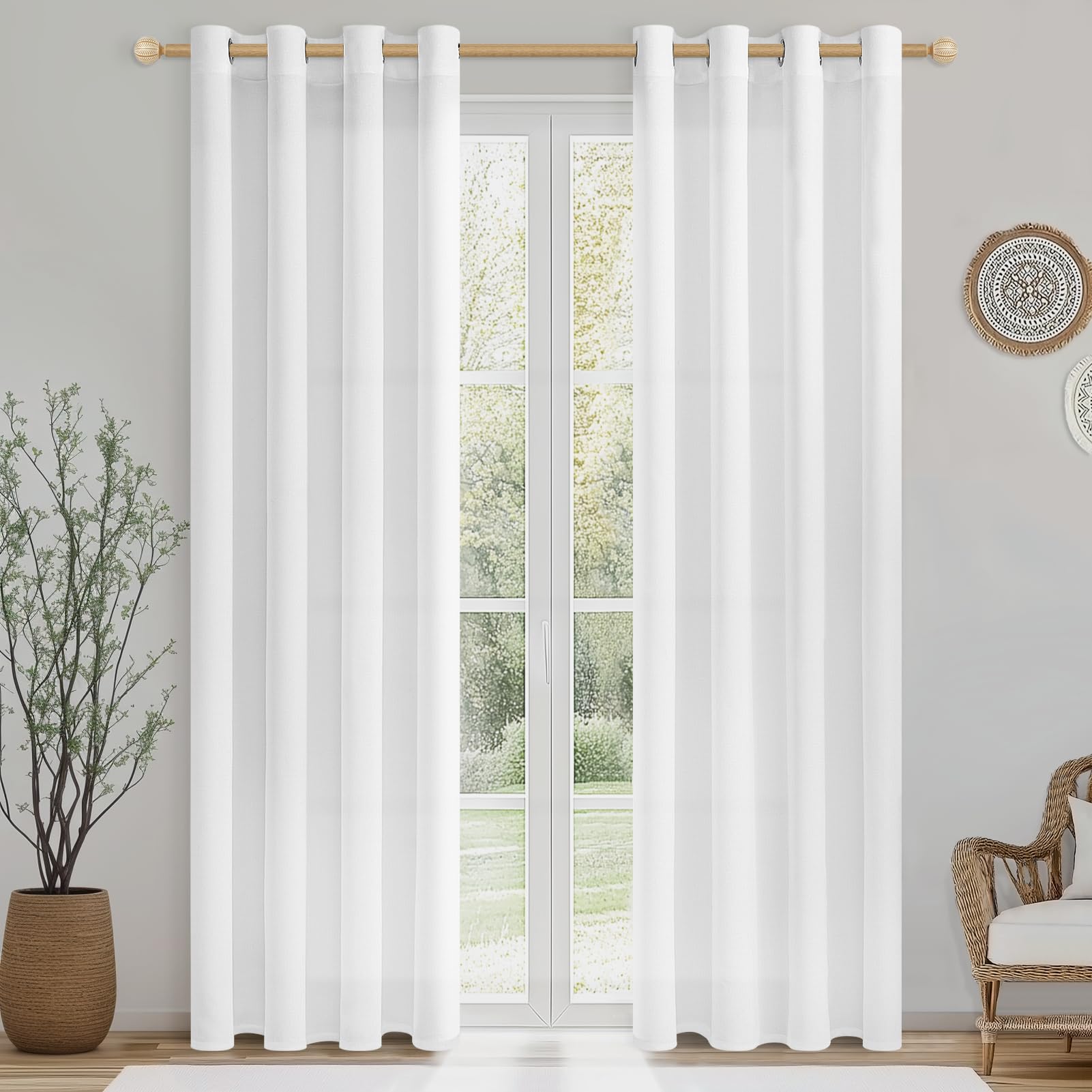 CUTEWIND Weiße Vorhänge Leinenoptik Halbtransparent Stores Gardinen mit Ösen Wohnzimmer Modern 2er Set 220 cm Lang 140 cm Breit, Vorhang Weiß Kinderzimmer Schlafzimmer