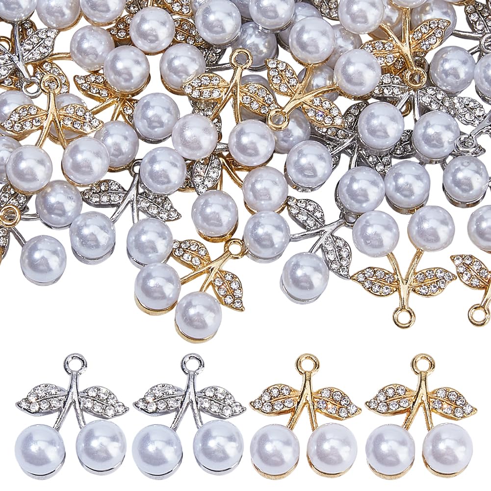 40 dijes de cereza con diamantes de imitación, 2 colores, elegantes dijes de circonita cúbica con perlas de imitación para hacer joyas, collares, aretes, suministros de manualidades
