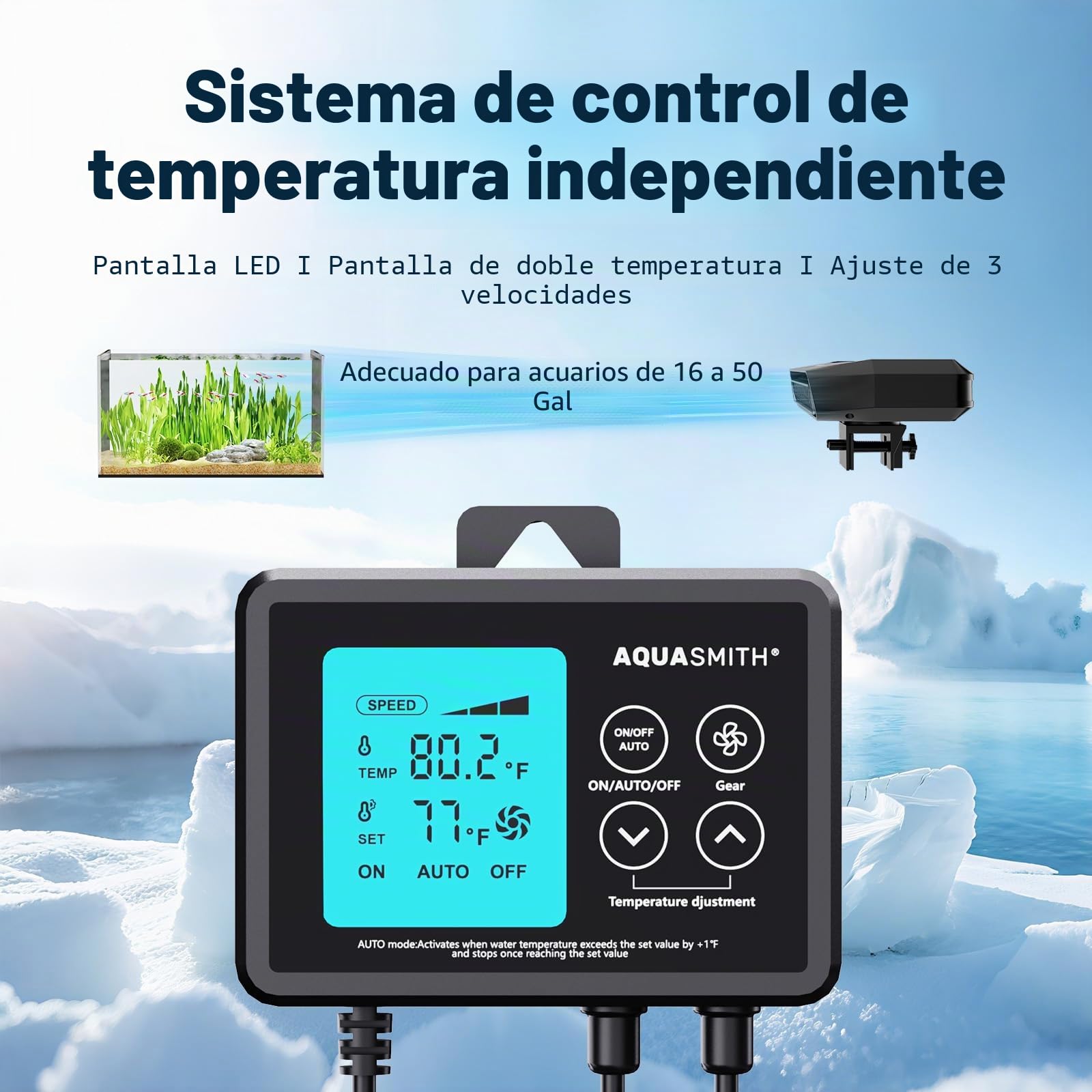 AQUASMITH Ventilador Enfriador de Acuario, Enfriador de pecera con Control de Temperatura, Ajuste mínimo de 15.0 °C, Arranque y Parada automática, Efecto de refrigeración de -14.8 a 12.8 °C, 3 Modos