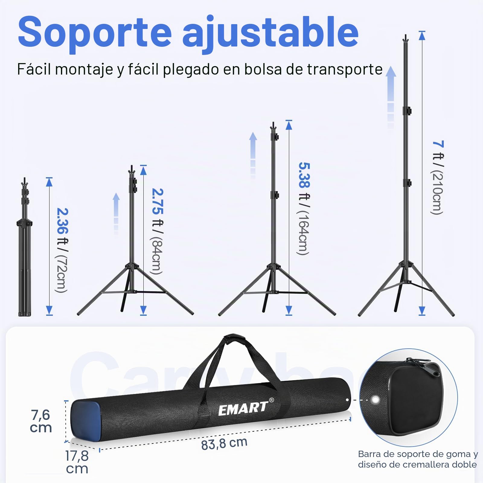 EMART Soporte Fondo Fotográfico 2mx3m, Kit de Sistema de Soporte de Fondo Ajustable con 8 Pinzas y 2 Bolsas de Arena para Retrato, Fotografía de Productos y Grabación de Video