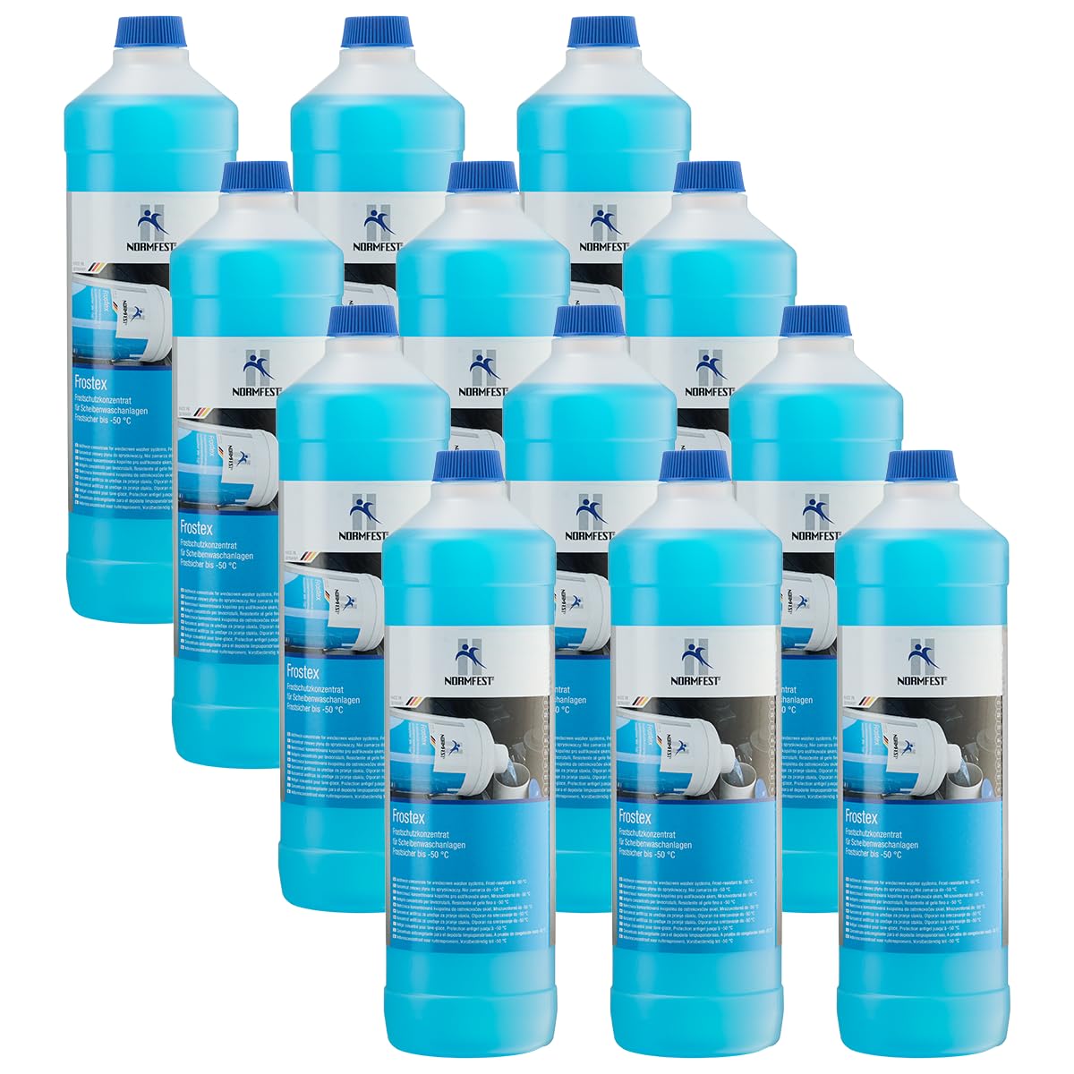 Normfest Frostex – Hochwirksames Frostschutz-Konzentrat für Scheibenwaschanlagen bis –50 °C, streifenfreie Reinigung, lackverträglich, biologisch abbaubar, 12×1 L