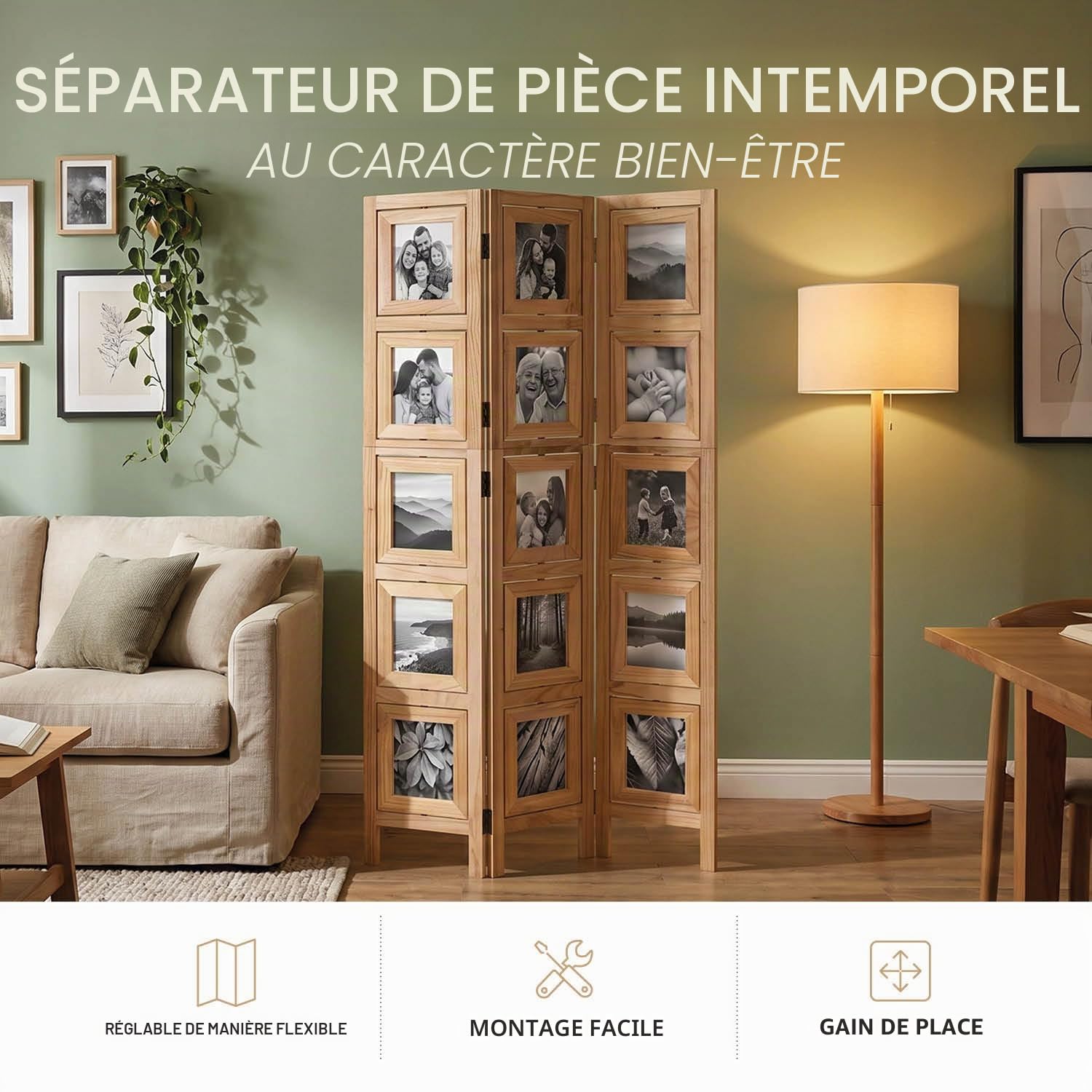 Homestyle4u Paravent Cadre photo 3 pièces Séparateur de pièce en bois 160 x 93 cm Paravent mur photo nature galerie photo brise-vue