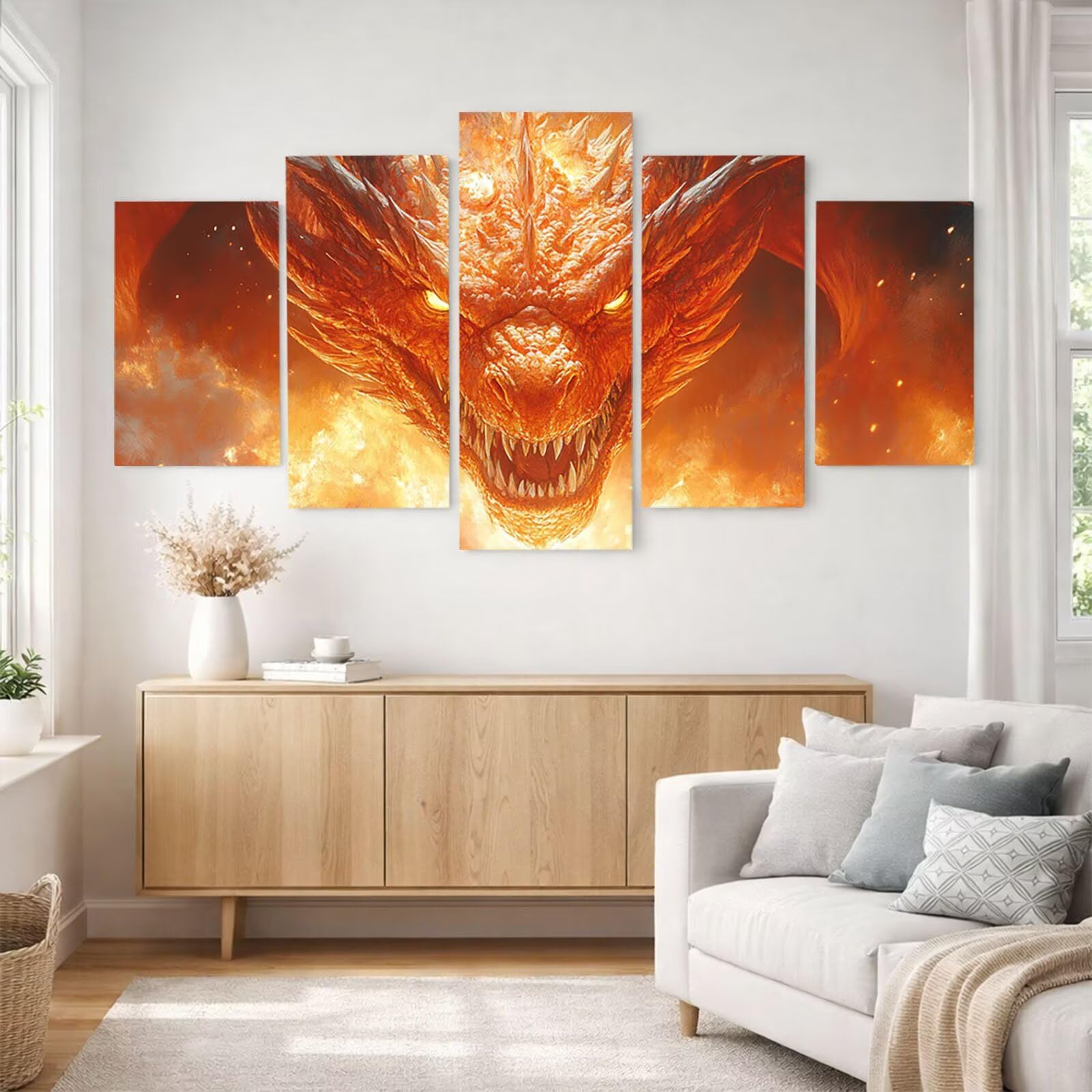 5 Pack Leuchtend Malen Nach Zahlen Erwachsene Drachen Drei Größen YCBZ-2078 | DIY Set Erwachsene mit Pinselset Acrylfarben Set Fünf Leinwand zum Bemalen Flamme für Deko Wohnzimmer Geschenke für Frauen