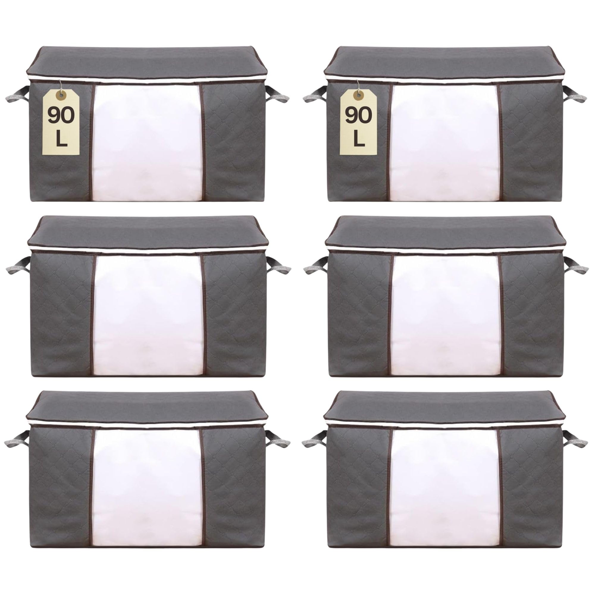 6 Pack 90L Clothes Storage Bags Large Storage Box Packing Boxes for Moving House With Reinforced Handle Clear Window for Clothes Duvet Blankets Bedding (6, 90L)