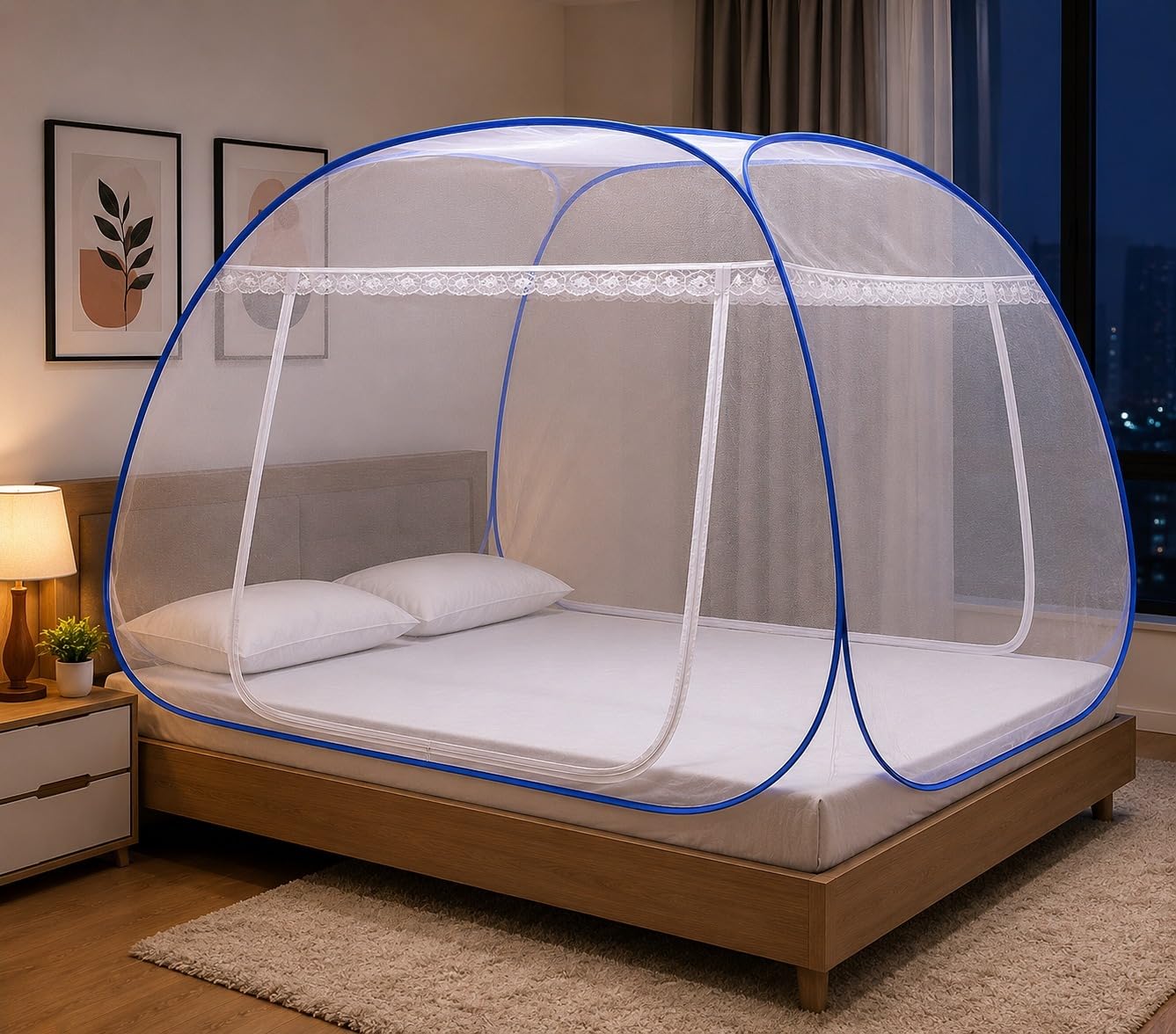 mosquito net for double bed king size, foldable polyester mosquito net with embroidery, strong 30 gsm mesh, pvc coated steel frame, insect protection bed net, 200x200x145 cm, blue (1, white)