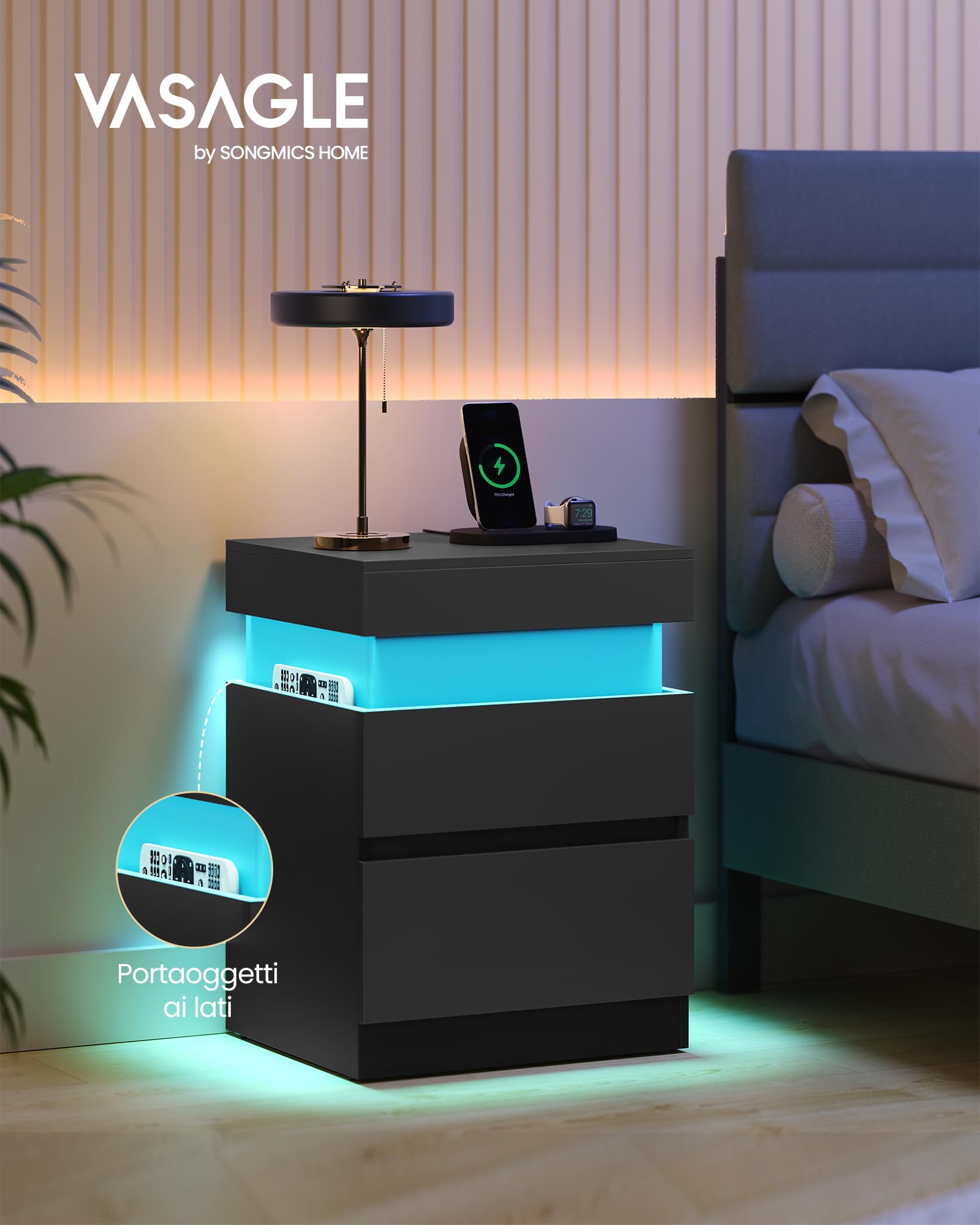 VASAGLE KAILYN Collezione - Comodini con Multipresa, Set di 2, Tavolini con Piano Scorrevole, 2 Cassetti, Striscia LED, Stile Moderno, 35 x 40 x 55 cm, Nero Inchiostro LET840BC01