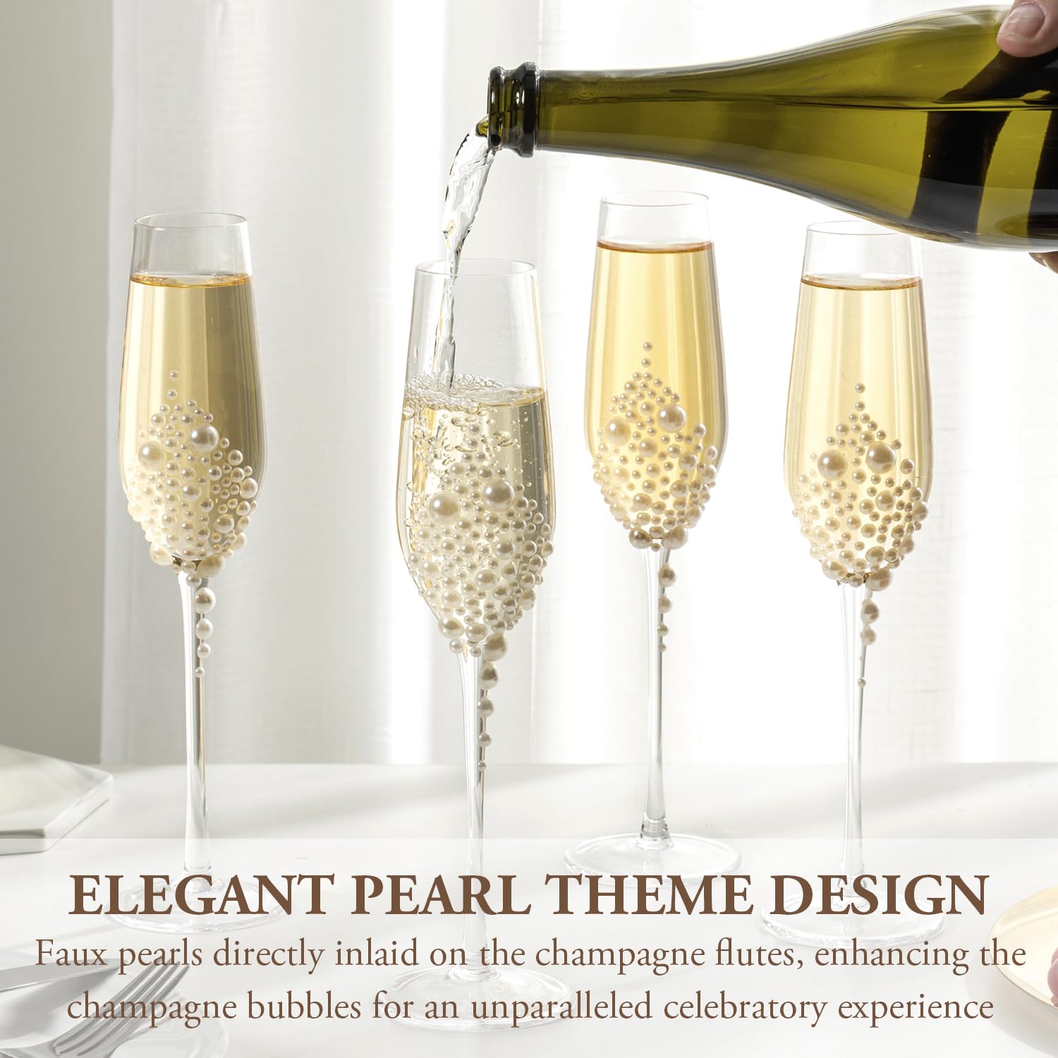 MyGift 6 oz Clear Glass Stemmed Champagne Toasting Flutes with Faux Pearls, Sparkling Wine Drinking Glasses for Wedding Bridal Shower Bachelorette Party, Set of 4