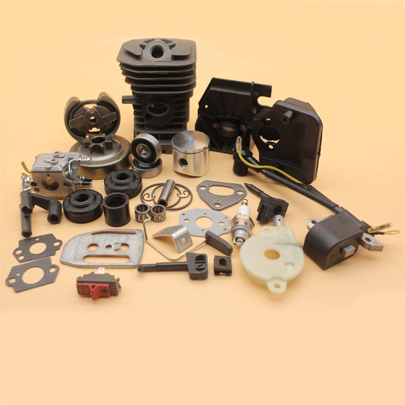 Tiempo Beixi 38 mm Cilindro del pistón del carburador Bobina de Encendido Cilindro del Embrague Kit de Bomba de Aceite Compatible con Husqvarna 136 137 141 142 Motosierra Motor Motor Parts