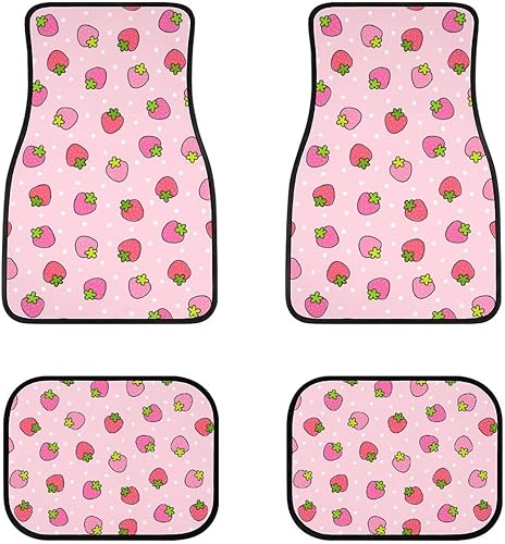 Delerain Alfombrillas de coche de 4 piezas con diseño de fresa rosada, alfombra delantera y trasera, con parte trasera de goma, para todo tipo de