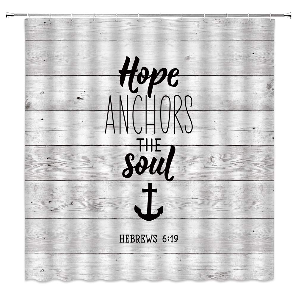 MNSC Inspirational Quote Shower Curtain Verses Scripture Quotes Hope Anchors The Soul Rustic Wooden Board Motivational Proverbs Vintage Rustic Decor Fabric Bathroom Curtain 70x70IN with Hooks