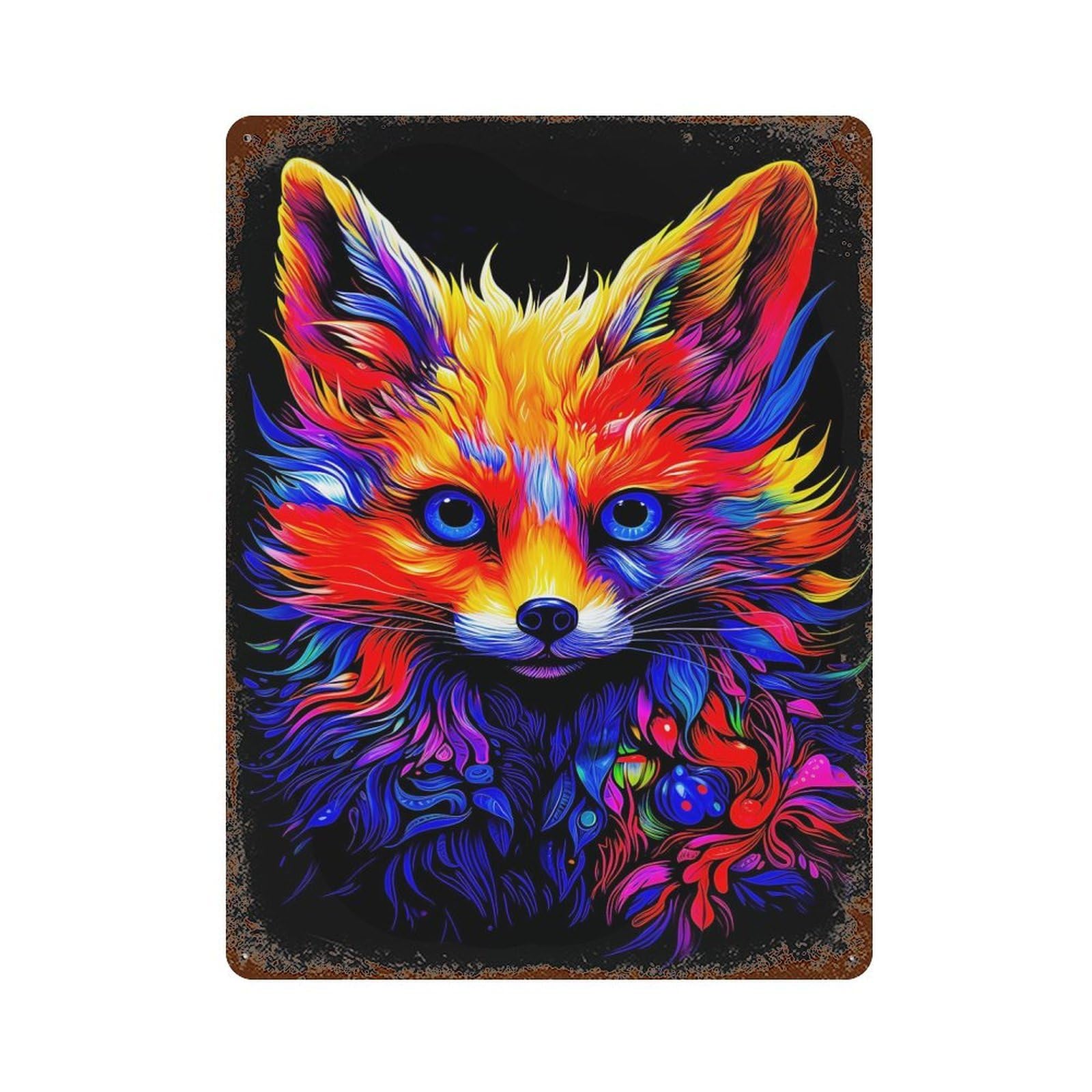 Garage Style Psychedelic Fox Vibrant Rusty Metal Tin Sign 15.7"x11.8", Novelty Wall Decor for Bar And Workshop