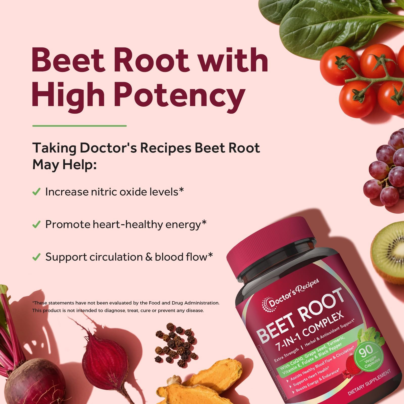 Doctor's Recipes Beet Root Capsules, Beet Root Extract with Grape Seed, CoQ10, Turmeric, Black Pepper for Enhanced Absorption, Supports Heart, Circulation, Energy & Nitric Oxide, Non-GMO, 90 Veg Caps — Amazon image 3