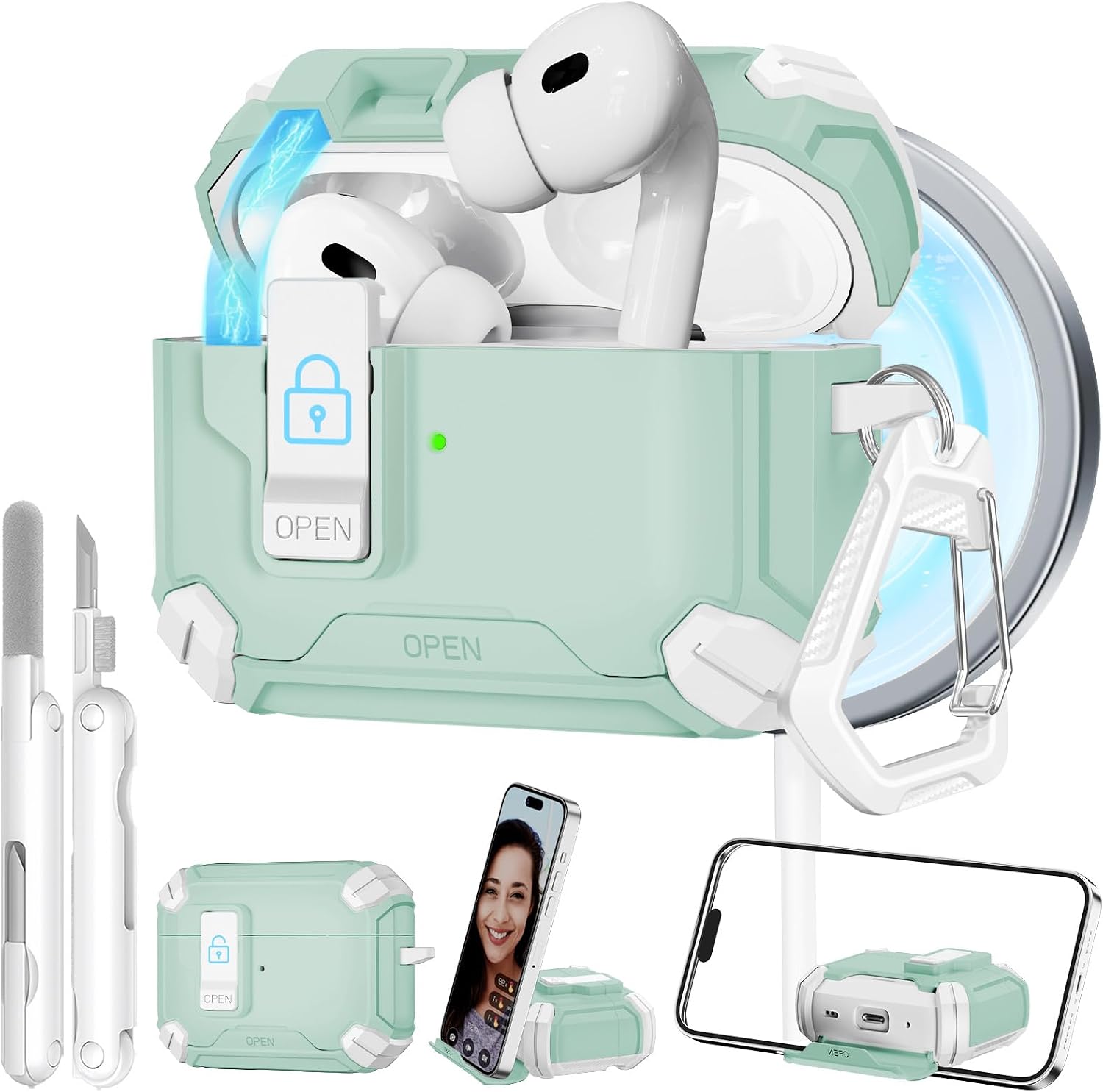 for AirPods Pro 2 Secure Lock Case with Phone Stand, Compatible with MagSafe, Case Cover for Apple AirPods Pro 2nd/1st Generation with Cleaner and Keychain, Auto-Open (Mint Green)