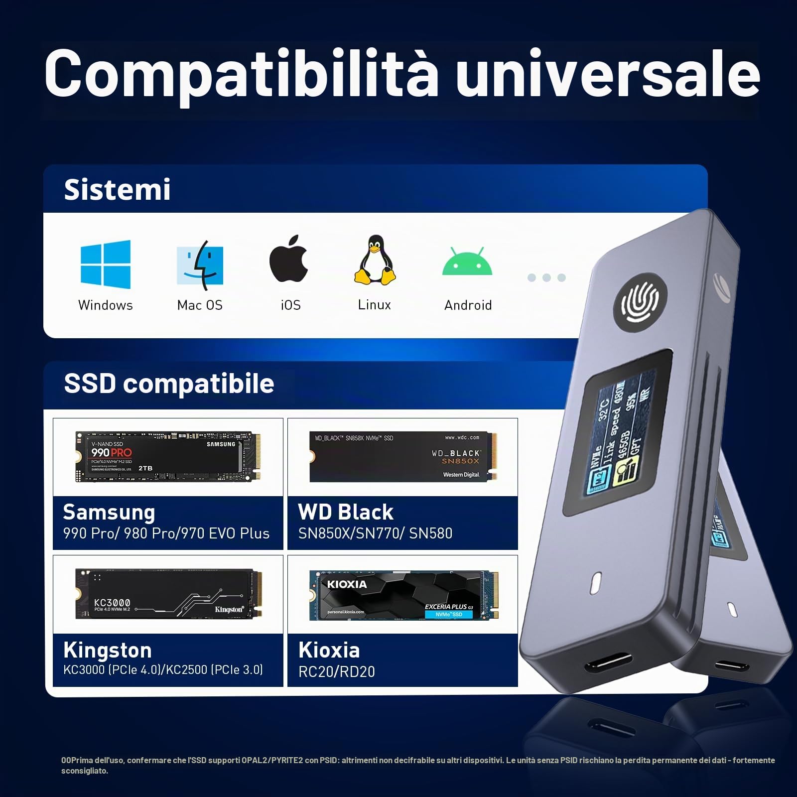 VCOM Enclosure SSD con crittografia delle impronte digitali con schermo LCD, custodia per disco rigido USB 3.2 Gen2 da 10 Gbps, supporto M.2 NVMe e SATA SSD, unità esterna crittografata hardware per