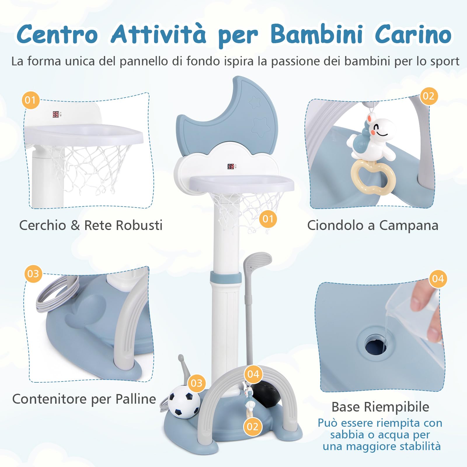 RELAX4LIFE 4 in 1 Canestro Basket per Bambini, con Basket, Calcio, Golf e Gioco del Lancio degli Anelli, Tabellone Elettronico ed Effetti Sonori, Regolabile in Altezza, 3+ Anni (BLU)