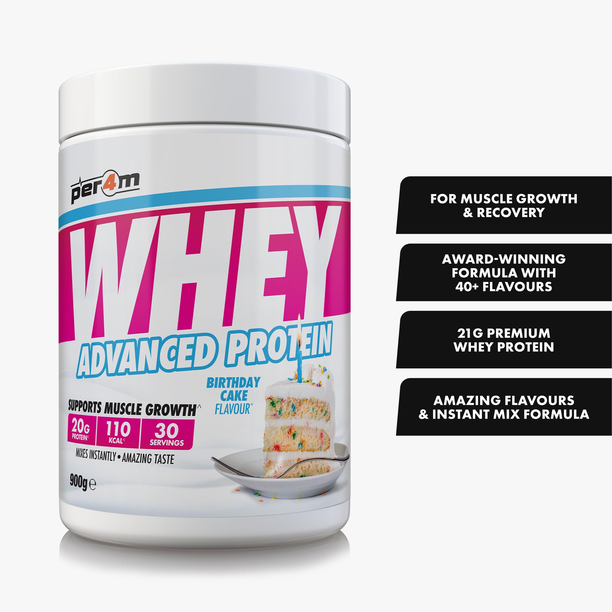 Per4m Whey Protein Concentrée, Prise de Masse et Récupération Musculaire, Acides Aminés Essentiels, Haute Protéine, Faible en Glucides, Complément Fitness Sport – Birthday Cake – 900g