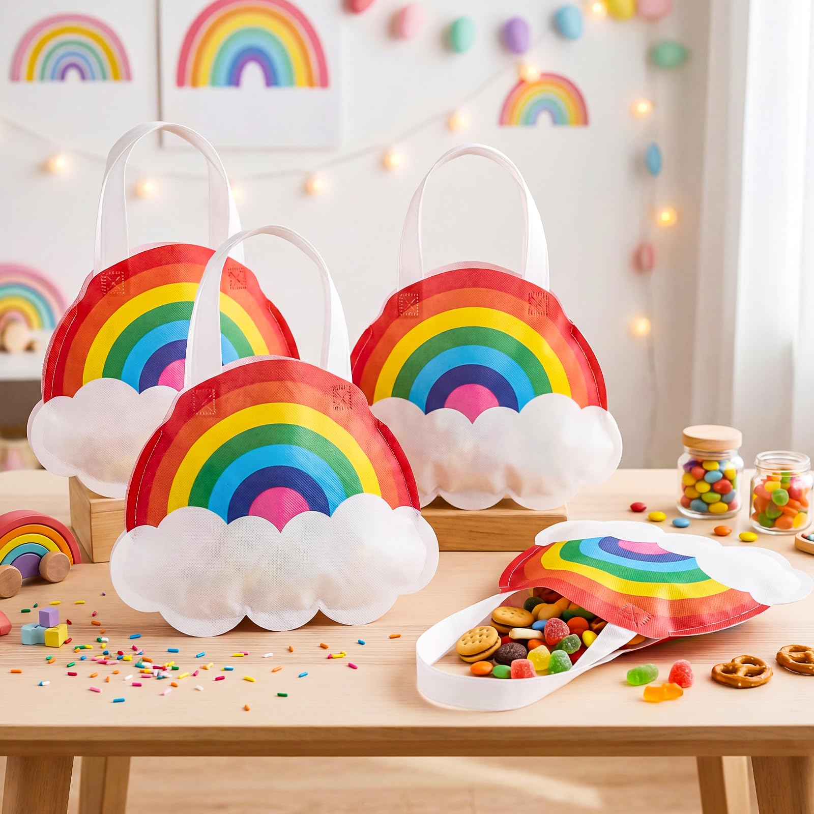 Tranqun 36 Pack Rainbow Party Favor Bags with Handle Rainbow Goodie Non-woven Treat Candy Gift Bags for Cloud Birthday, Baby Shower, Gender Reveal Party Supplies