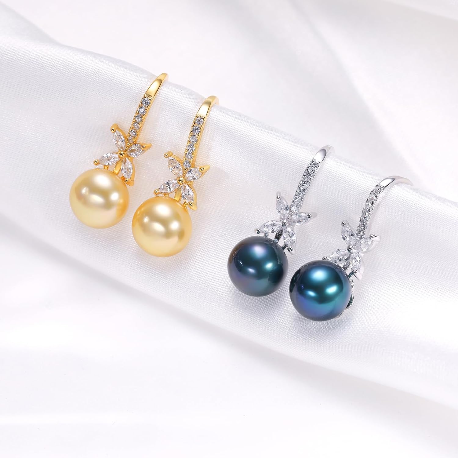 Pearl Drop Earrings for Women - 925 Sterling Silver 18k Gold Plated Hypoallergenic White/Black/Blue/Golden/Purple Freshwater/Saltwater Cultured Pearls Ear Hook Earrings with Cubic Zirconia - Image 2