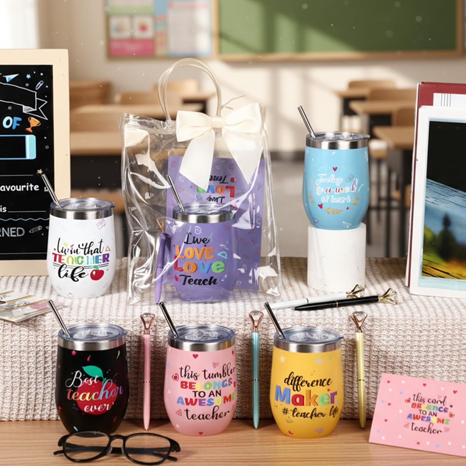 Patelai 30 Pcs 2025 Christmas Tumbler Gift Set for Teacher 12oz Stainless Steel Coffee Mug Christmas Cups with Lid and Straw Pens Card Gift Bags Set for Teacher Coworker Party Supplies - Image 6