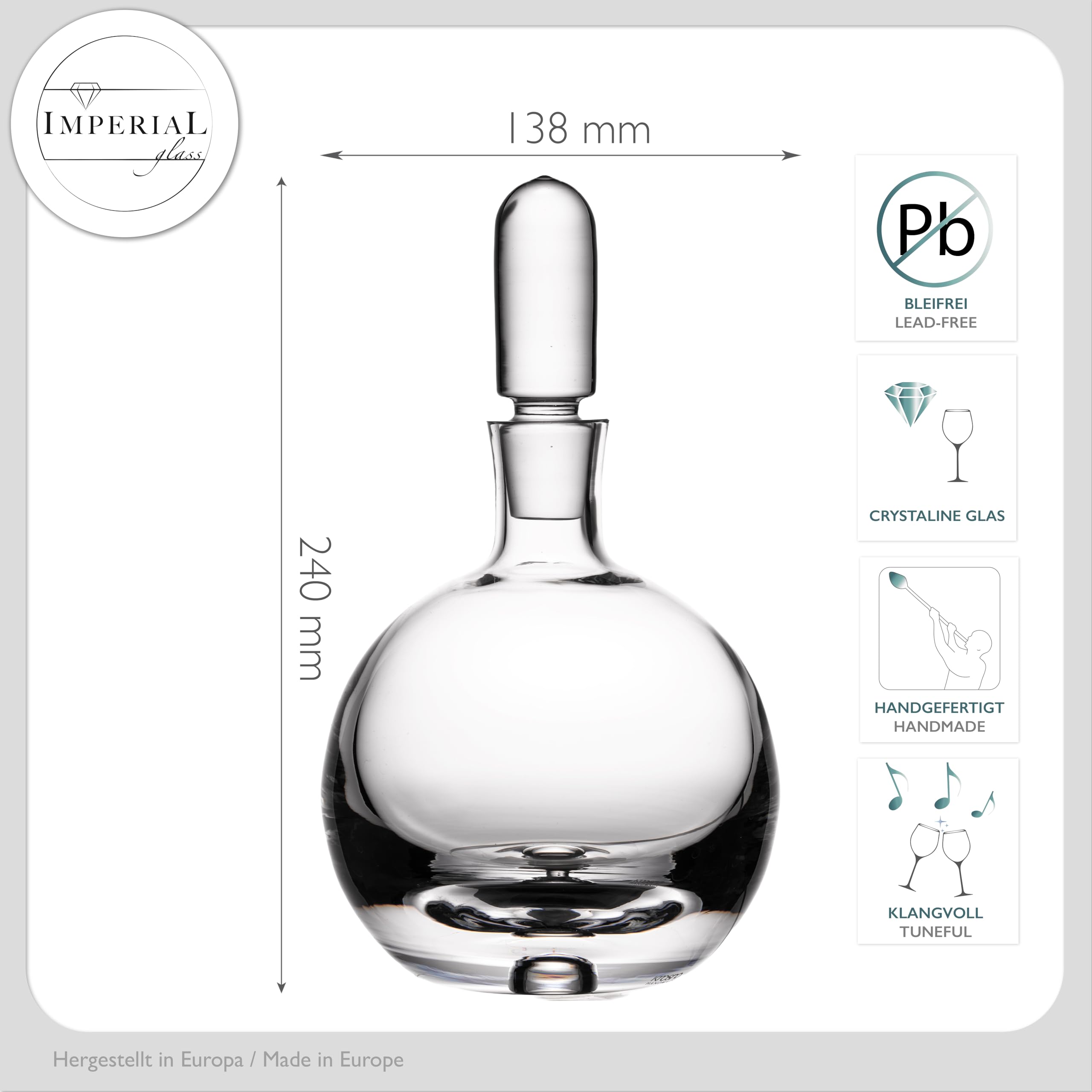Cognac Karaffe aus Crystalline Glas – kugelförmiger Dekanter mit Glasstopfen und Luftblase im Boden 600ml – Handarbeit