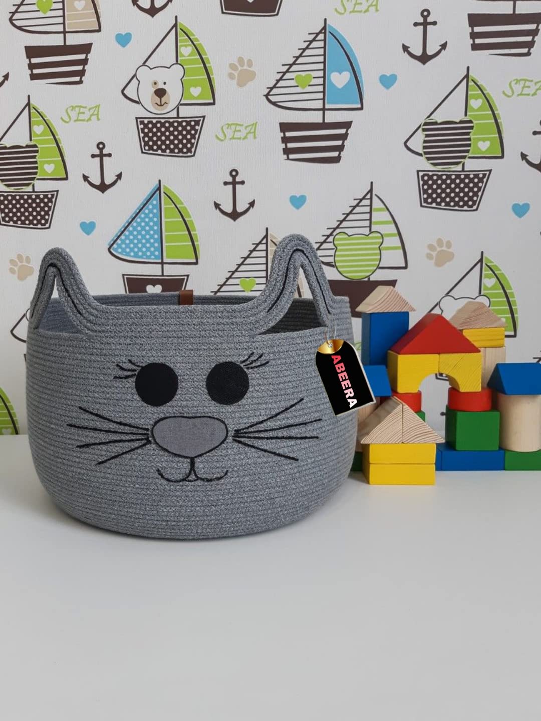 ABEERA Storage Organizer Foldable Wardrobe Cotton Mini Rope Laundry Basket with Lid Cloth Storage Box Baby Bucket Hamper New Born for Kitchen,Office Set,Room,Planters,Dirty (Medium 12 X 10, Grey)