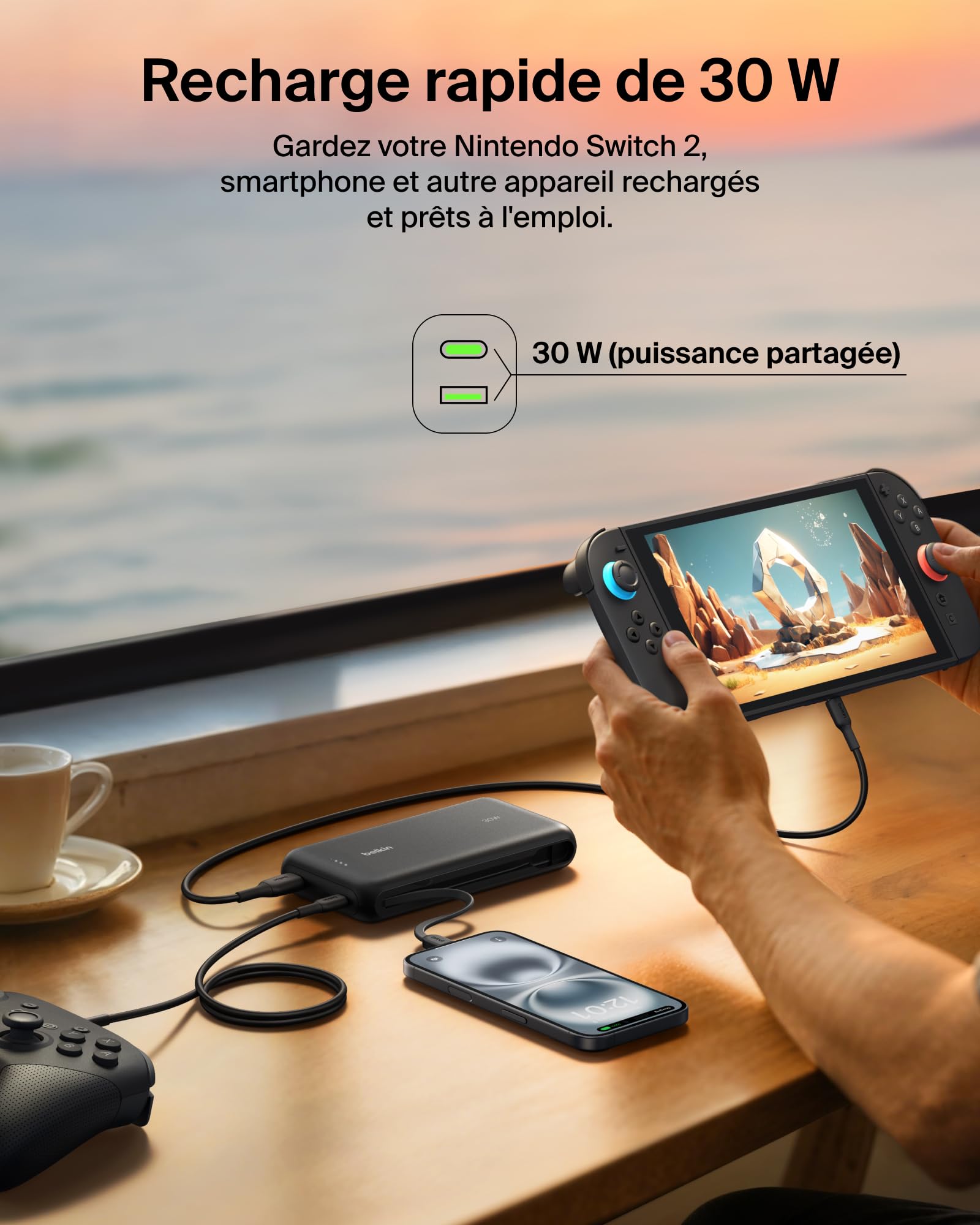 Belkin Gaming Batterie Externe 20000mAh, 30W avec câble USB-C intégré (Recharge Rapide USB-C PD, Chargeur Portable pour Nintendo Switch 2, iPhone 16, iPad Pro, Galaxy S25, etc., Noir)