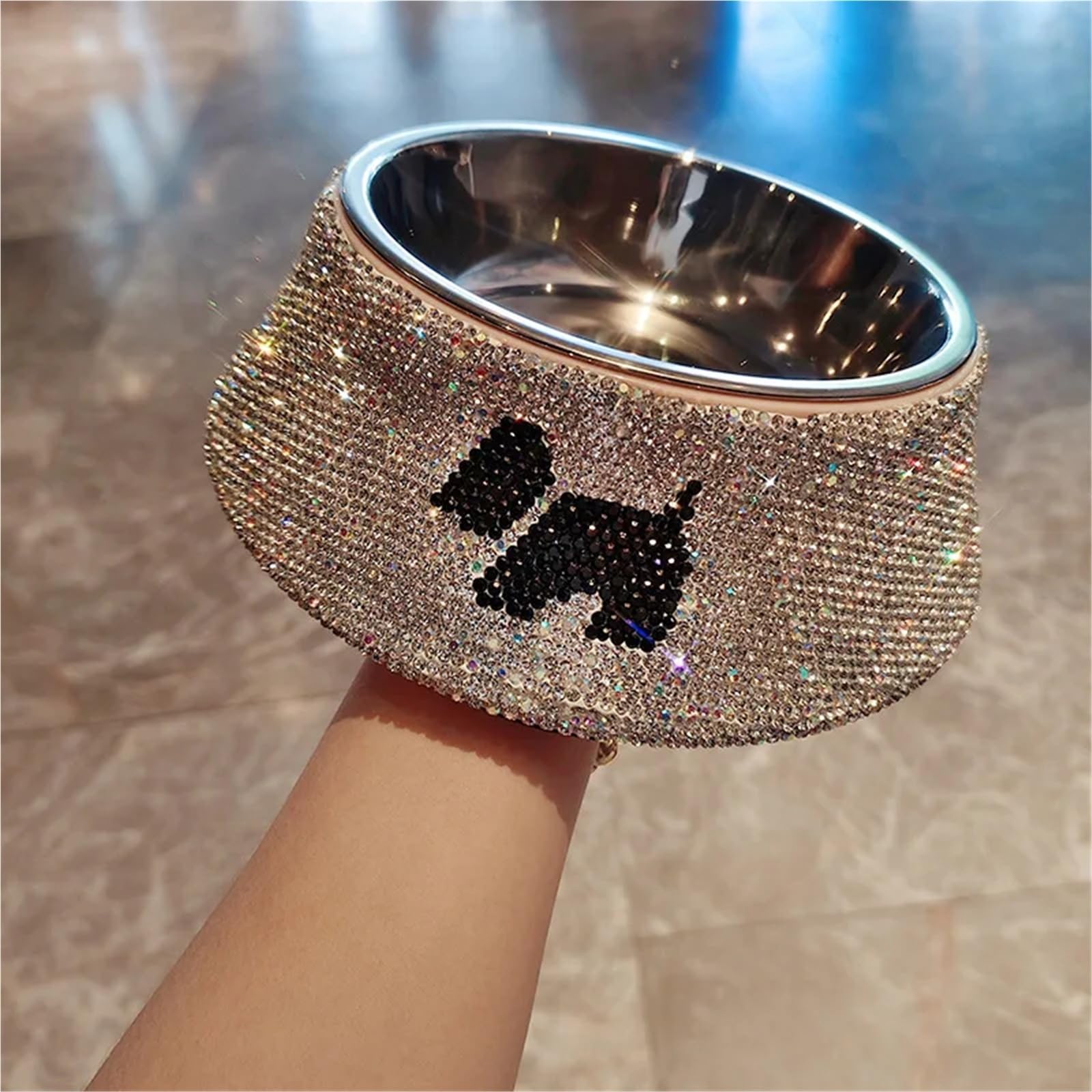 Futternapf aus Edelstahl mit Strasssteinen, funkelnder Futterspender | Edelstahleinsatz mit Kristallakzenten; rostfrei; rutschfester Ring; 16oz Fassungsvermögen.(C)