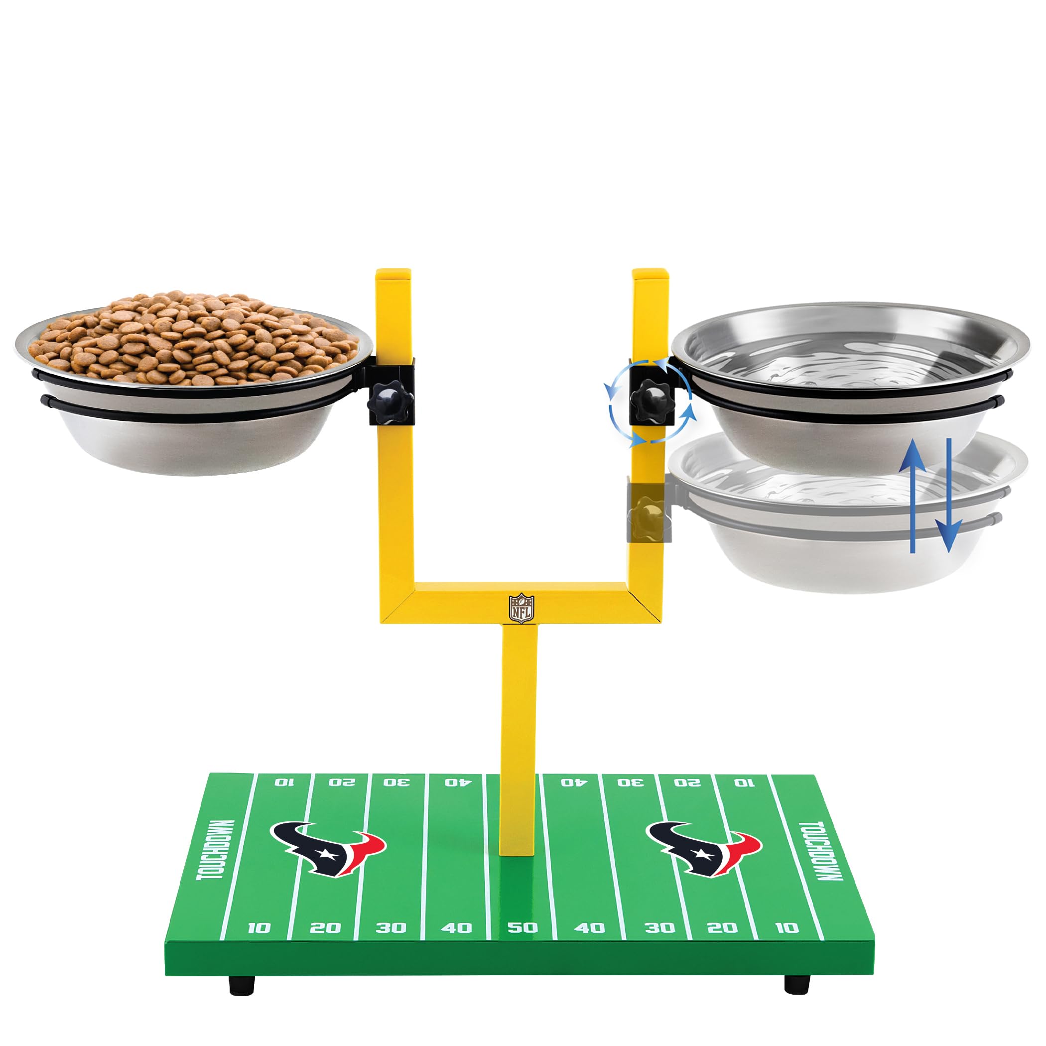 NFL Houston Texans Goalpost Football Field Dog Feeder – Adjustable Elevated Dog Bowls with Stand, 2 Stainless Steel Bowls, Non-Slip Rubber Feet, Raised Pet Feeder for Large & Small Dogs, Cats.