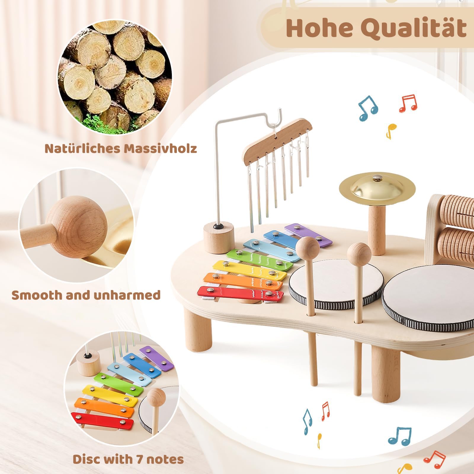 Holz Montessori Musikinstrumente für Kinder ab 1 2 3 Jahre, Schlagzeugset mit Xylophon Trommel, Lernspielzeug Geschenk