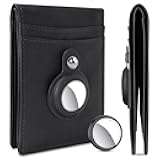 Slim AirTag Wallet Mens/Women (Built-In Tracker), Minimalist Front Pocket Leather Wallets for Men, Credit Card Holder for 8-12 Cards, Air Tag Wallet with Money Clip & ID Window, Gift for Men, Black