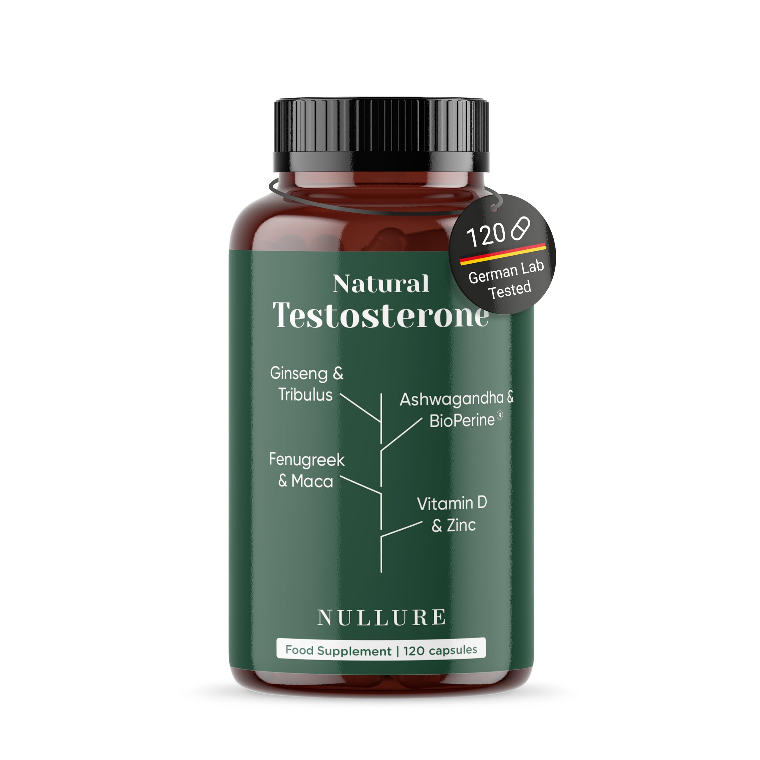 Nullure Natural Testo | Testosterone Supplements for Men | Tribulus Maca Ashwagandha Zinc Fenugreek | Third-Party Tested in Germany | Vegan, No additives, No Magnesium Sterate | 120 Caps (2 Months)Nullure Natural Testo | Testosterone Supplemen…