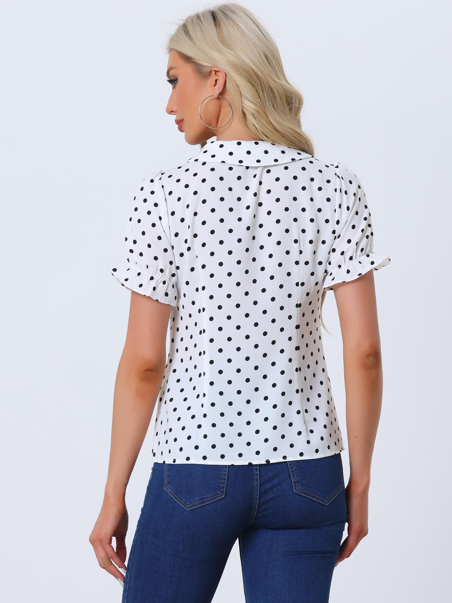 Allegra K Camicia vintage da donna a pois con maniche a sbuffo e colletto Peter Pan