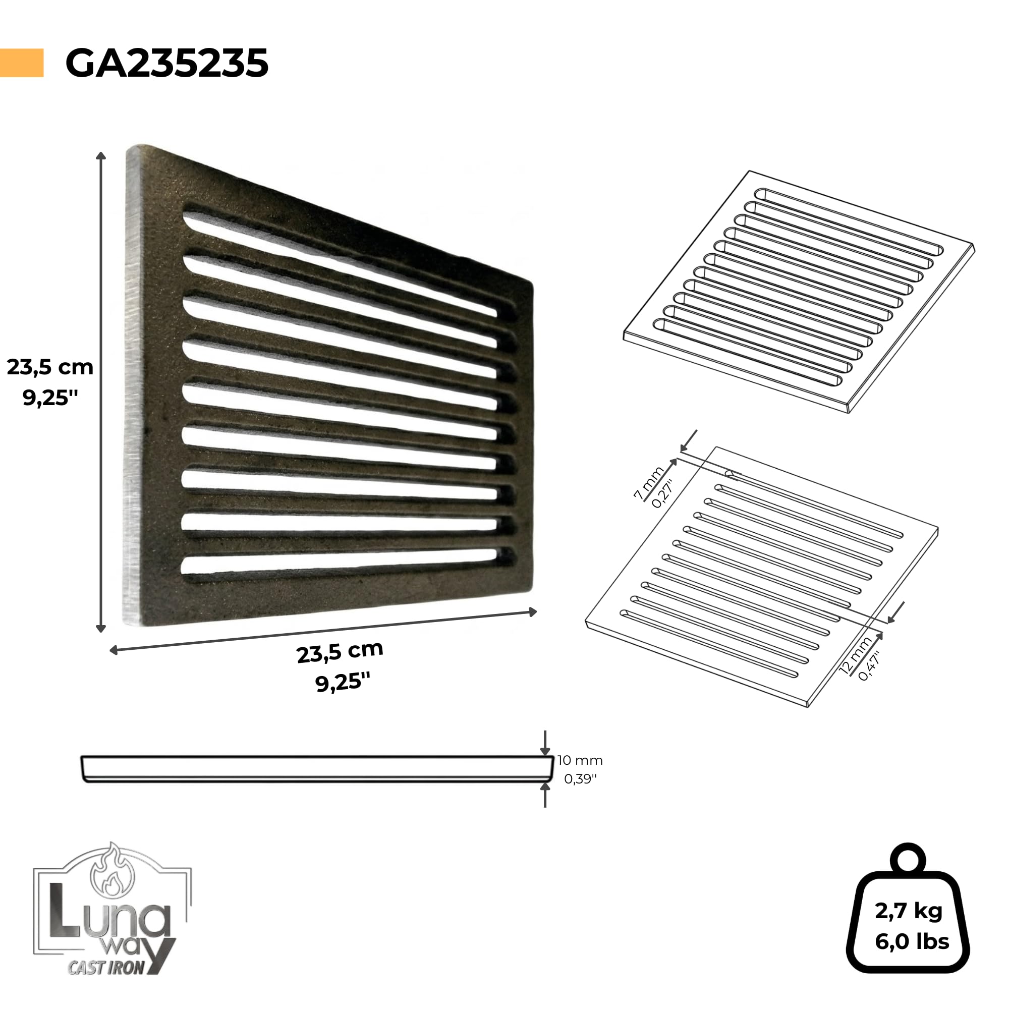 23,5 x 23,5 x 1 cm - LUNAWAY żeliwny grill | Poprawia ciągnięcie | Odporny na wysokie temperatury | Łatwe usuwanie popiołu w kominkach i piecach na drewno i pellet