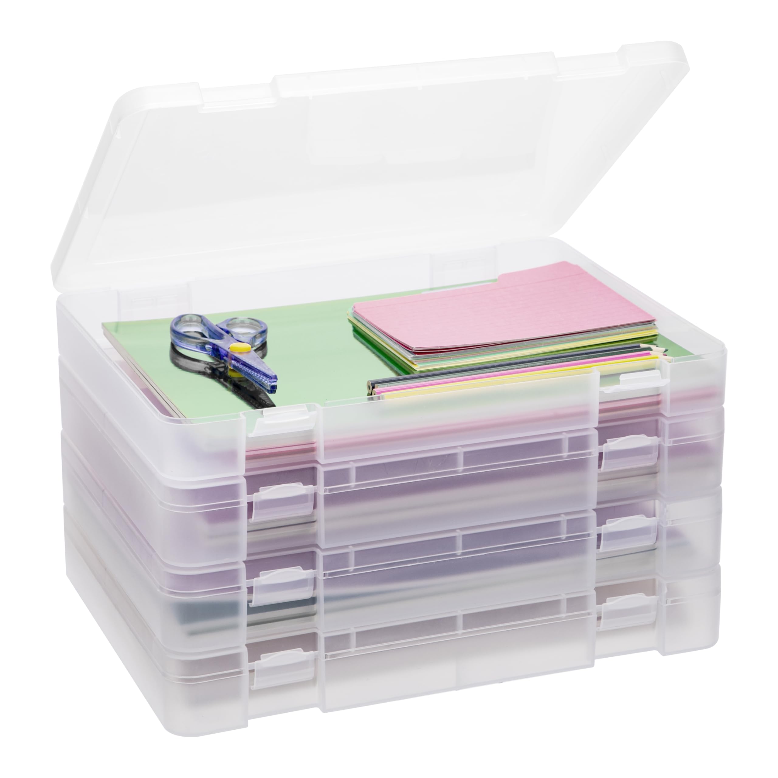 CraftGenes A4 Storage Boxes with Lids, 4 Pack Stackable Craft Storage Organisers with Handle, Clear Paper Box for Scrapbook Supplies, School Projects, Office and Home