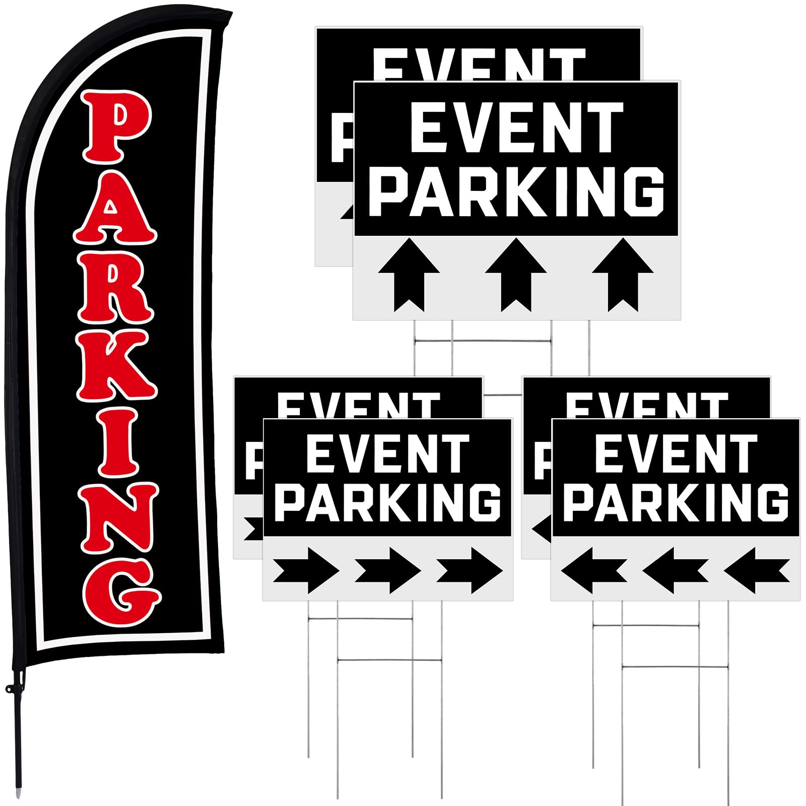 Hahafelt Parking Sign Set 1 Pack Feather Flag 6 Pack Double Sided Event Parking Arrows Signs with Metal Stakes for Yard Outside, Business Advertising, Directional Signage (Black)
