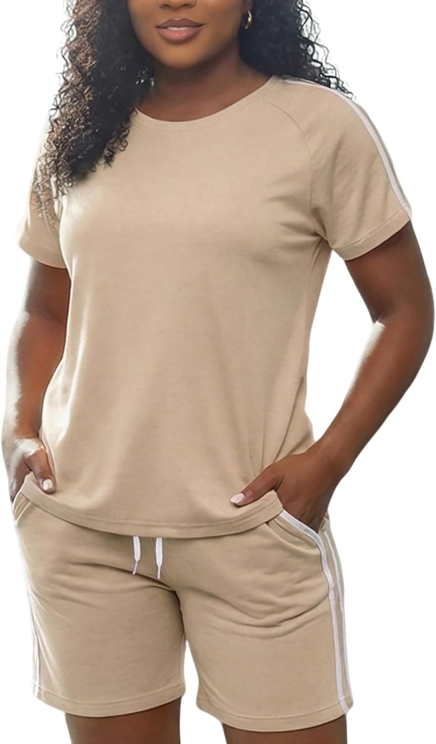 Women's Summer Two-Piece Short Outfits Round Neck Top Elastic Waist Casual Lounge 2pc Biker Sets