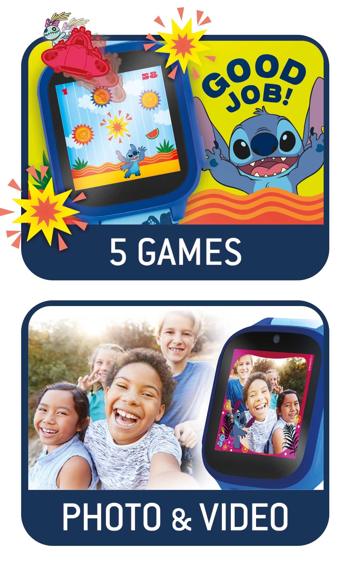 Lisciani - STITCH SMARTWATCH - Reloj Conectado Para Niños 7+ - Fondos De Puntadas Intercambiables -5 Juegos Interactivos - Pantalla Táctil - Cámara, Despertador, Temporizador Y Funciones De Lámpara