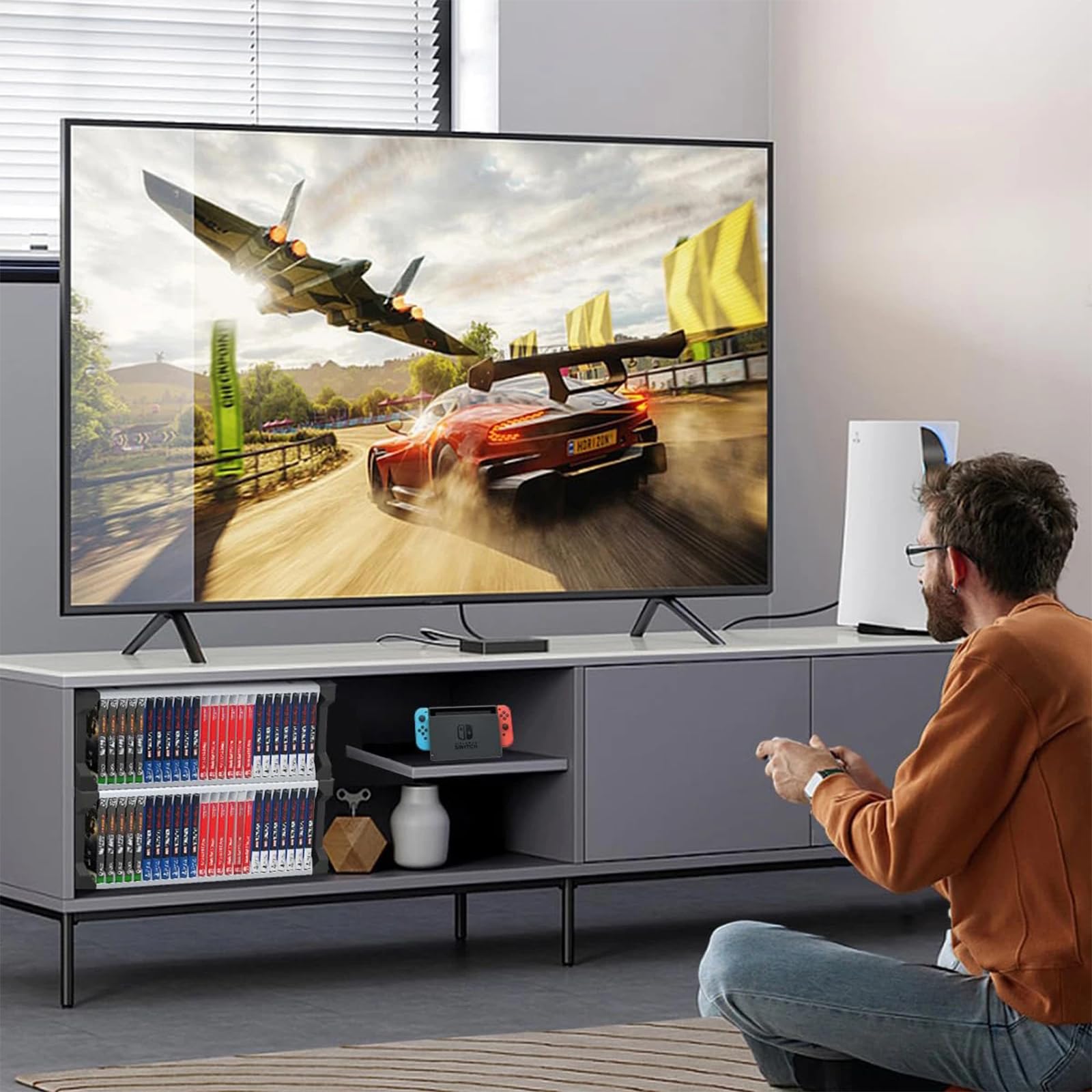 Porta Giochi PS5, Porta CD a Colonna, Torre Di Archiviazione Per Videogiochi Con Supporto Per Ps5/Xbox/Nintendo Switch Games Con 2 Rack Per Cuffie e Controller