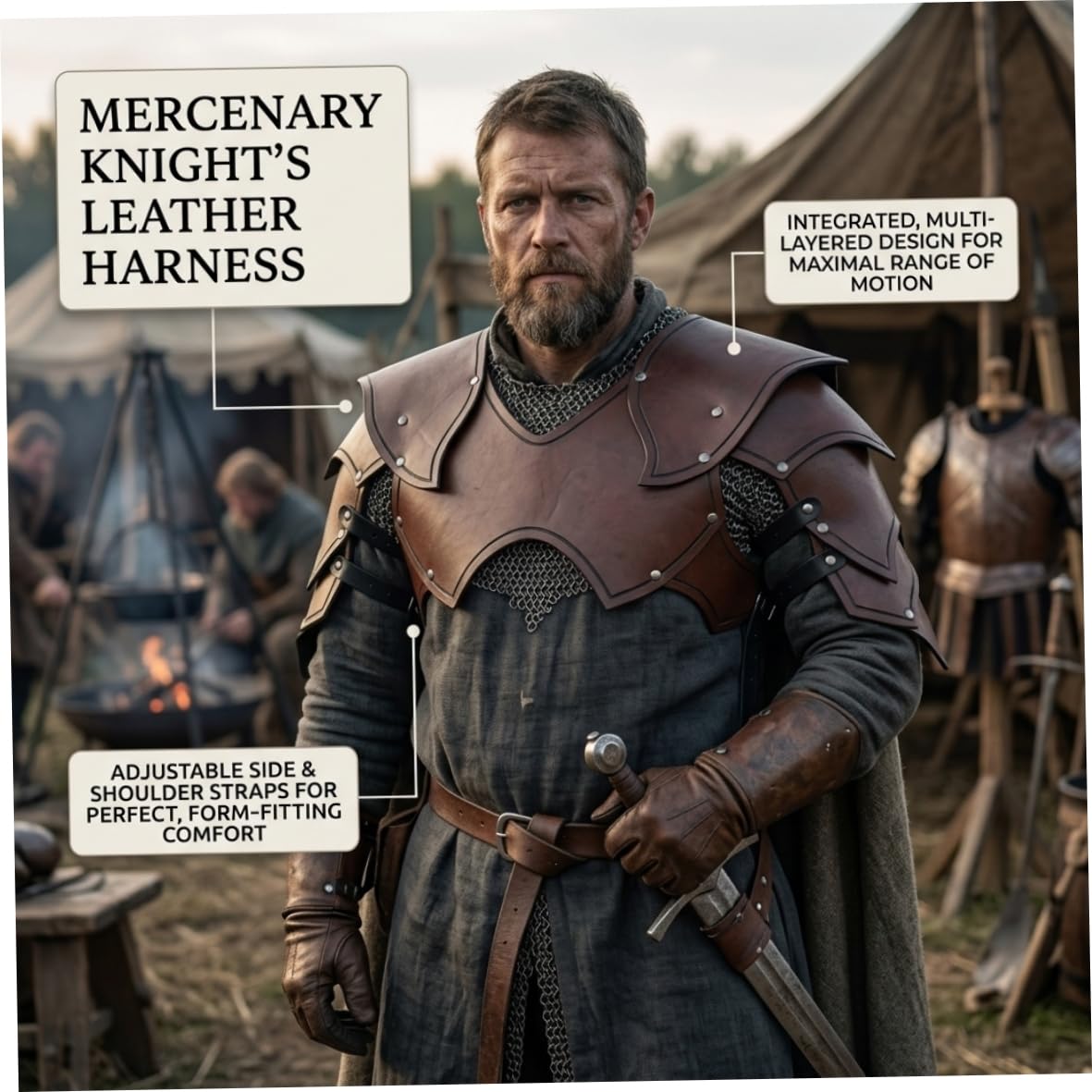 Armadura Medieval para Hombres, Armadura integrada para Hombros y Pecho, Vikingo para actuaciones de Cosplay de Larp - Marrón